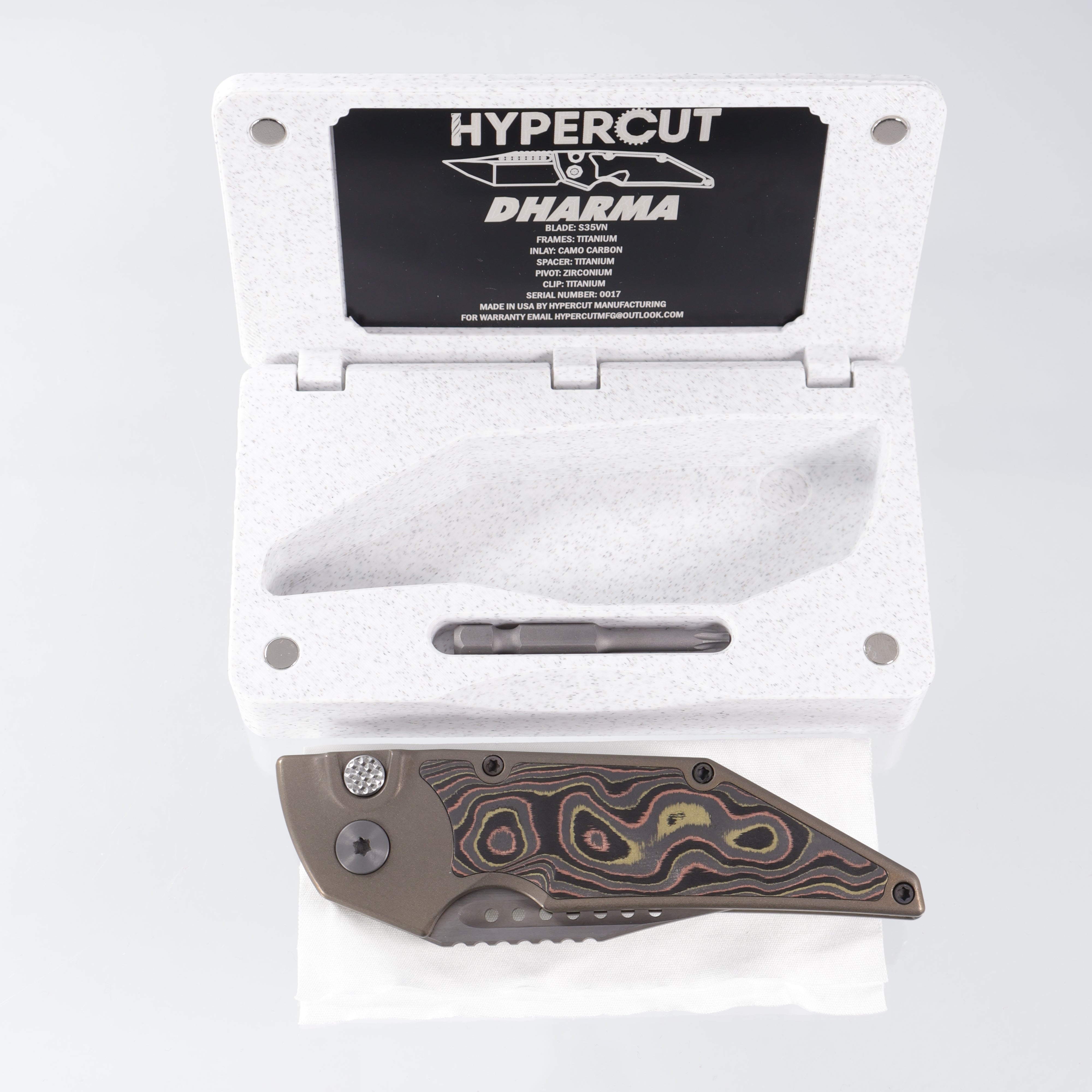 Hypercut Dharma Auto - Bronze Titanium w/ Mokume Camo Carbon Inlay - Stonewash S35VN - Zirconium Clip & Pivot - S/N: 0017