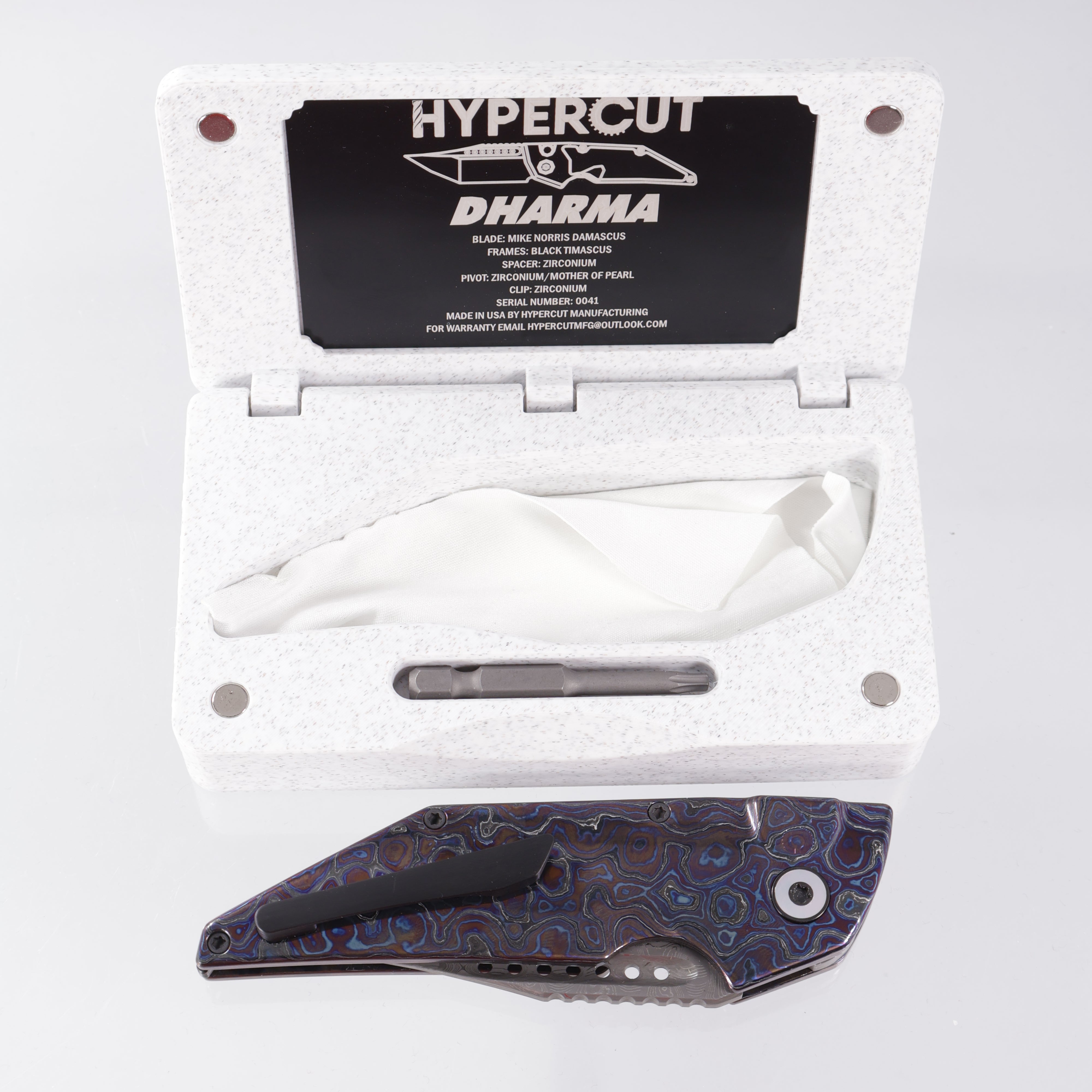 Hypercut Dharma Auto Full Dress - Black Timascus Scales - Mike Norris Damascus - Zirconium Pivot w/ Mother Of Pearl inlays & Zirconium Clip - S/N: 0041