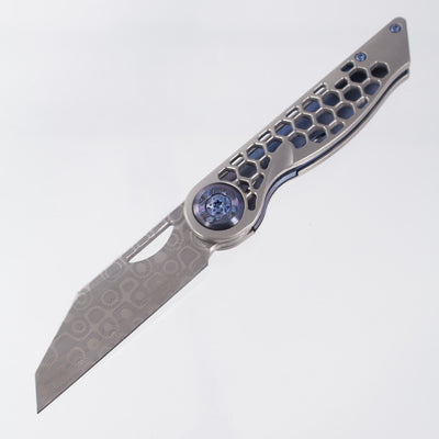 Hypercut Cretin #0119 - Stonewash Titanium w/ Blue Titanium Accents & Black Timascus Pivot Collars - Mike Norris Damascus