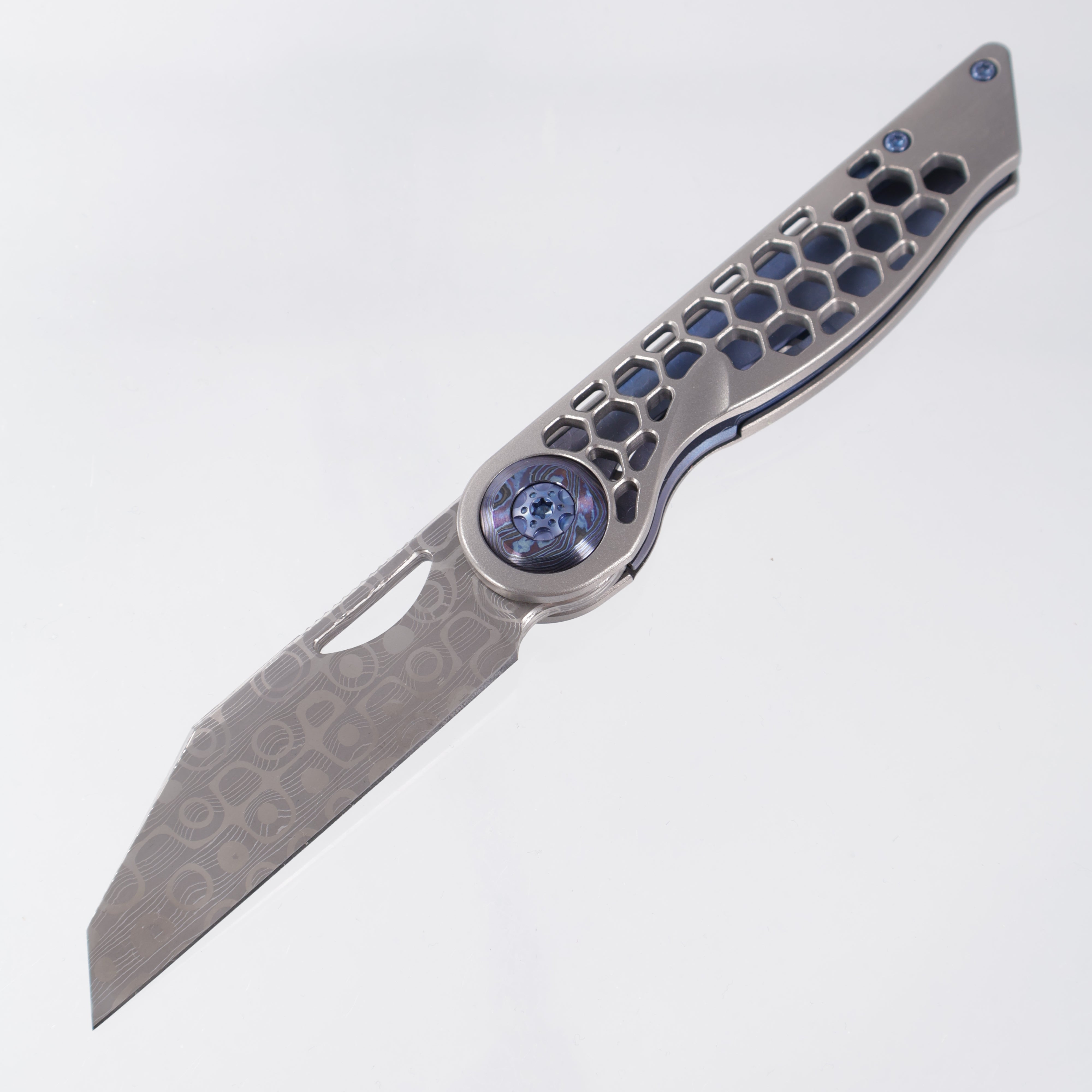 Hypercut Cretin #0119 - Stonewash Titanium w/ Blue Titanium Accents & Black Timascus Pivot Collars - Mike Norris Damascus