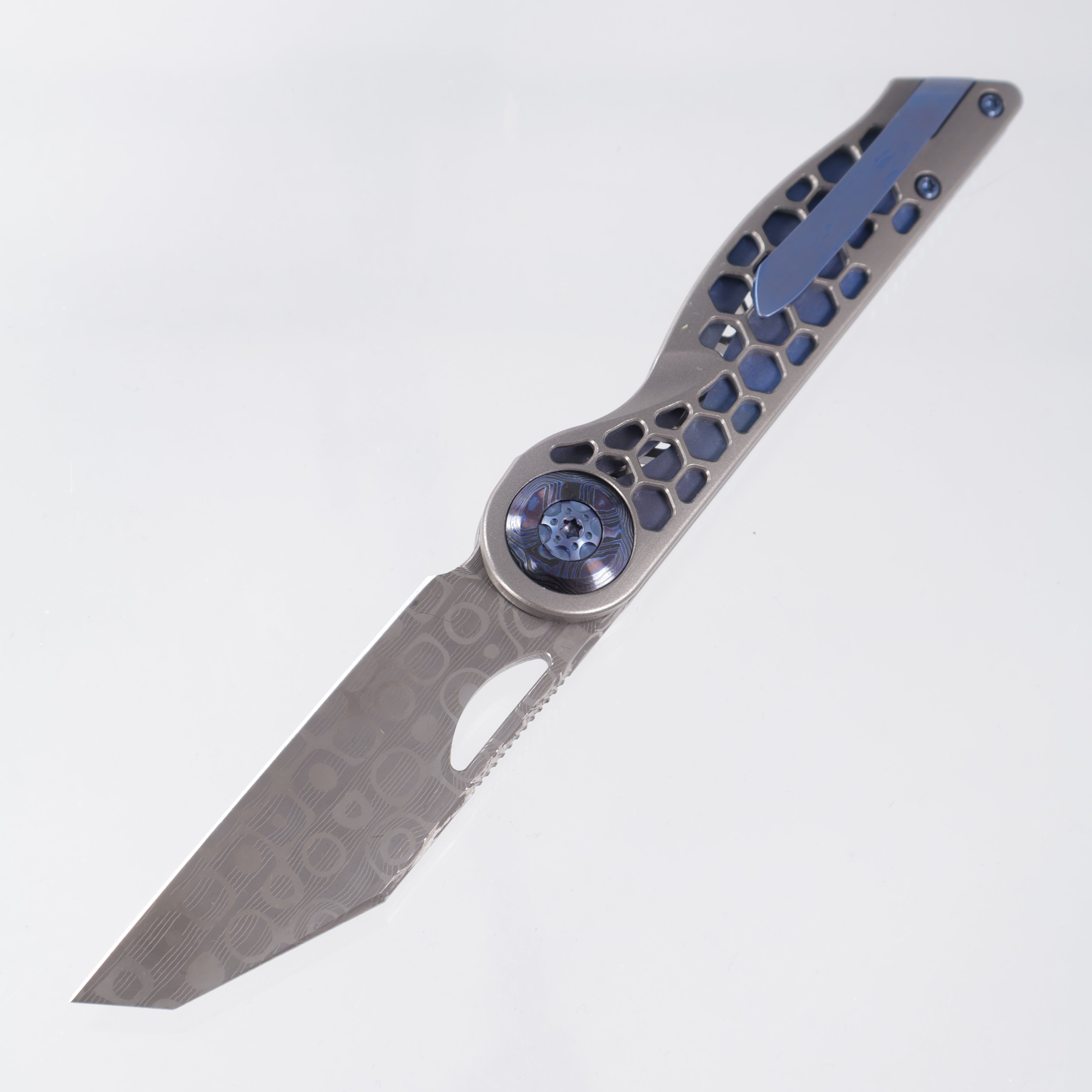 Hypercut Cretin #0119 - Stonewash Titanium w/ Blue Titanium Accents & Black Timascus Pivot Collars - Mike Norris Damascus
