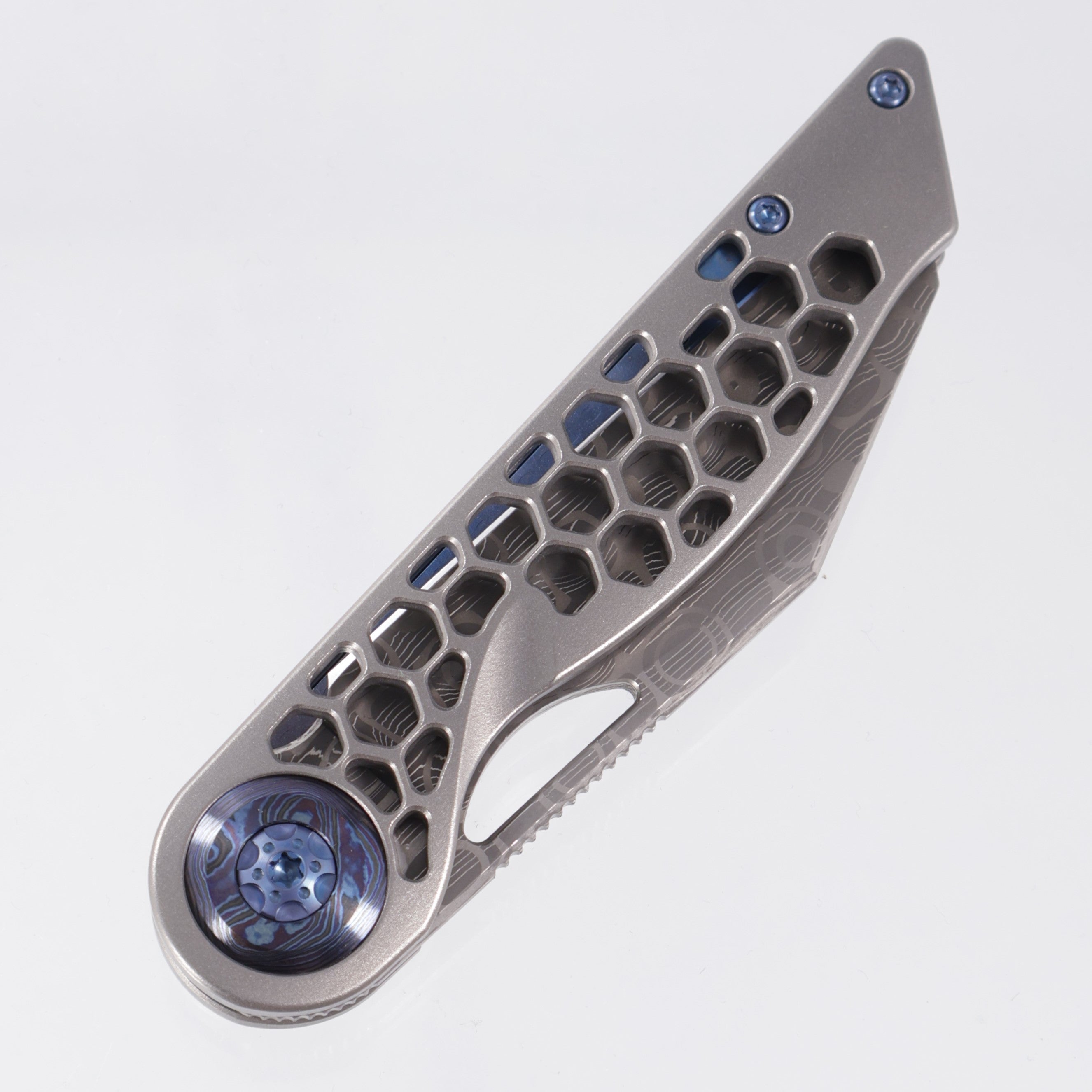 Hypercut Cretin #0119 - Stonewash Titanium w/ Blue Titanium Accents & Black Timascus Pivot Collars - Mike Norris Damascus