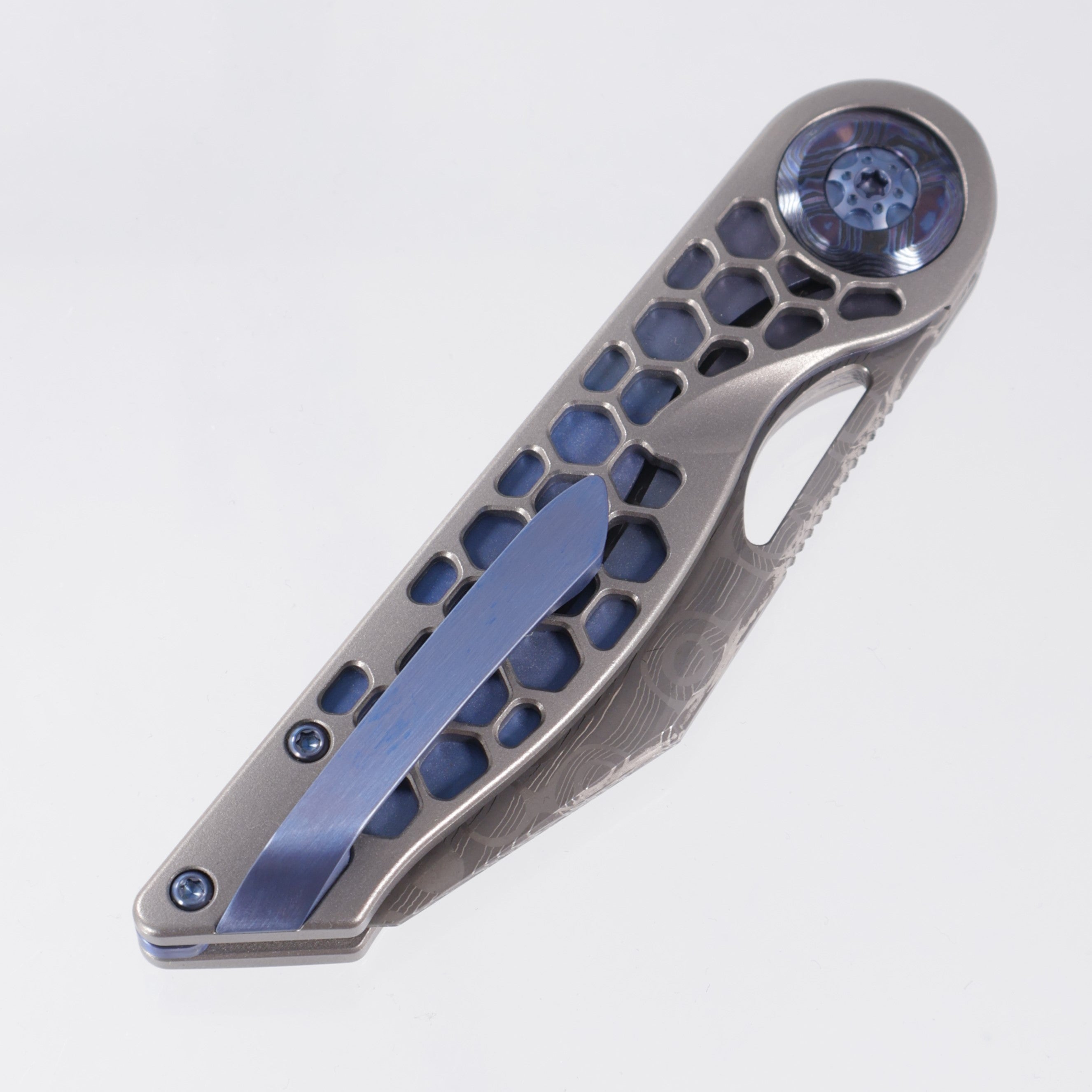 Hypercut Cretin #0119 - Stonewash Titanium w/ Blue Titanium Accents & Black Timascus Pivot Collars - Mike Norris Damascus