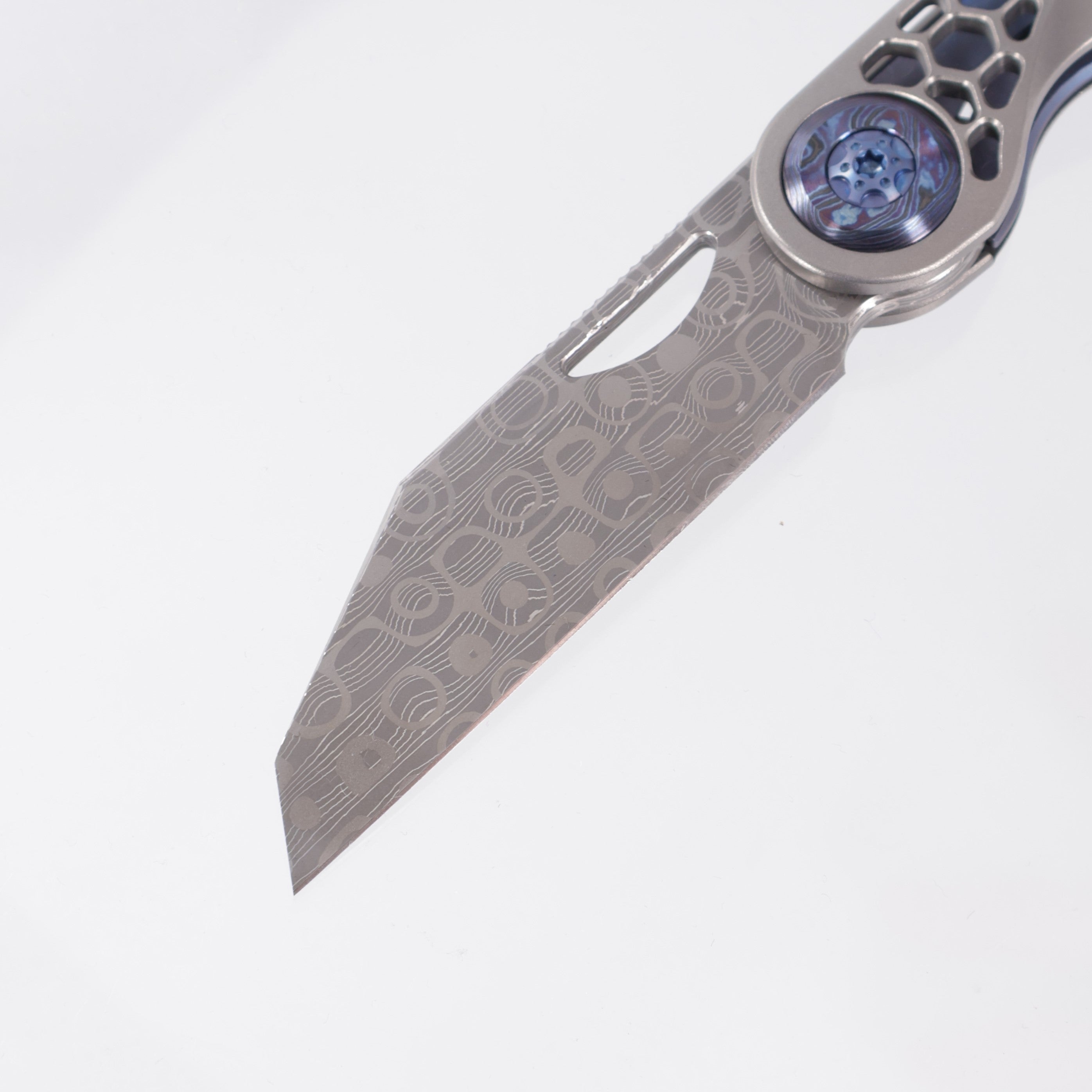 Hypercut Cretin #0119 - Stonewash Titanium w/ Blue Titanium Accents & Black Timascus Pivot Collars - Mike Norris Damascus