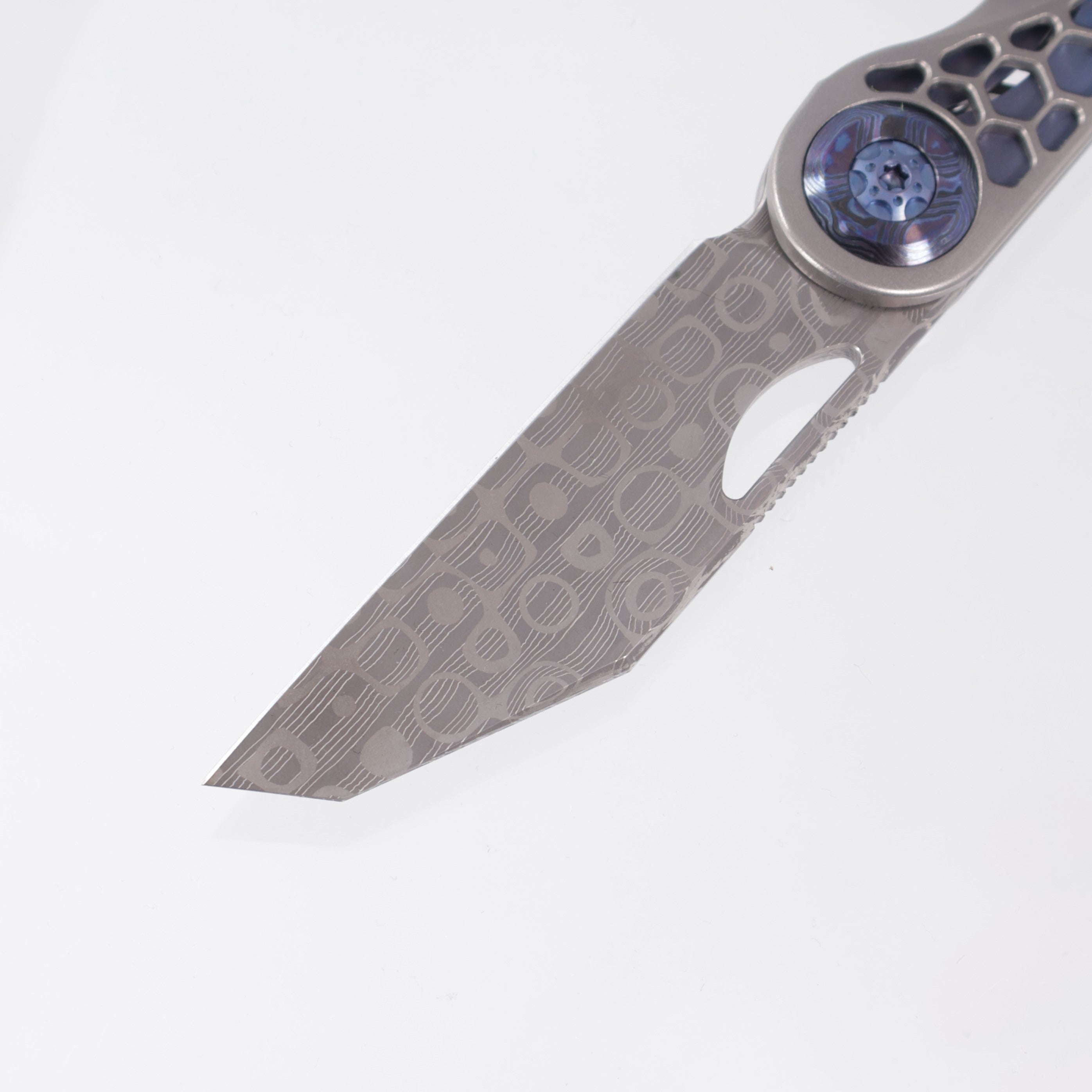 Hypercut Cretin #0119 - Stonewash Titanium w/ Blue Titanium Accents & Black Timascus Pivot Collars - Mike Norris Damascus