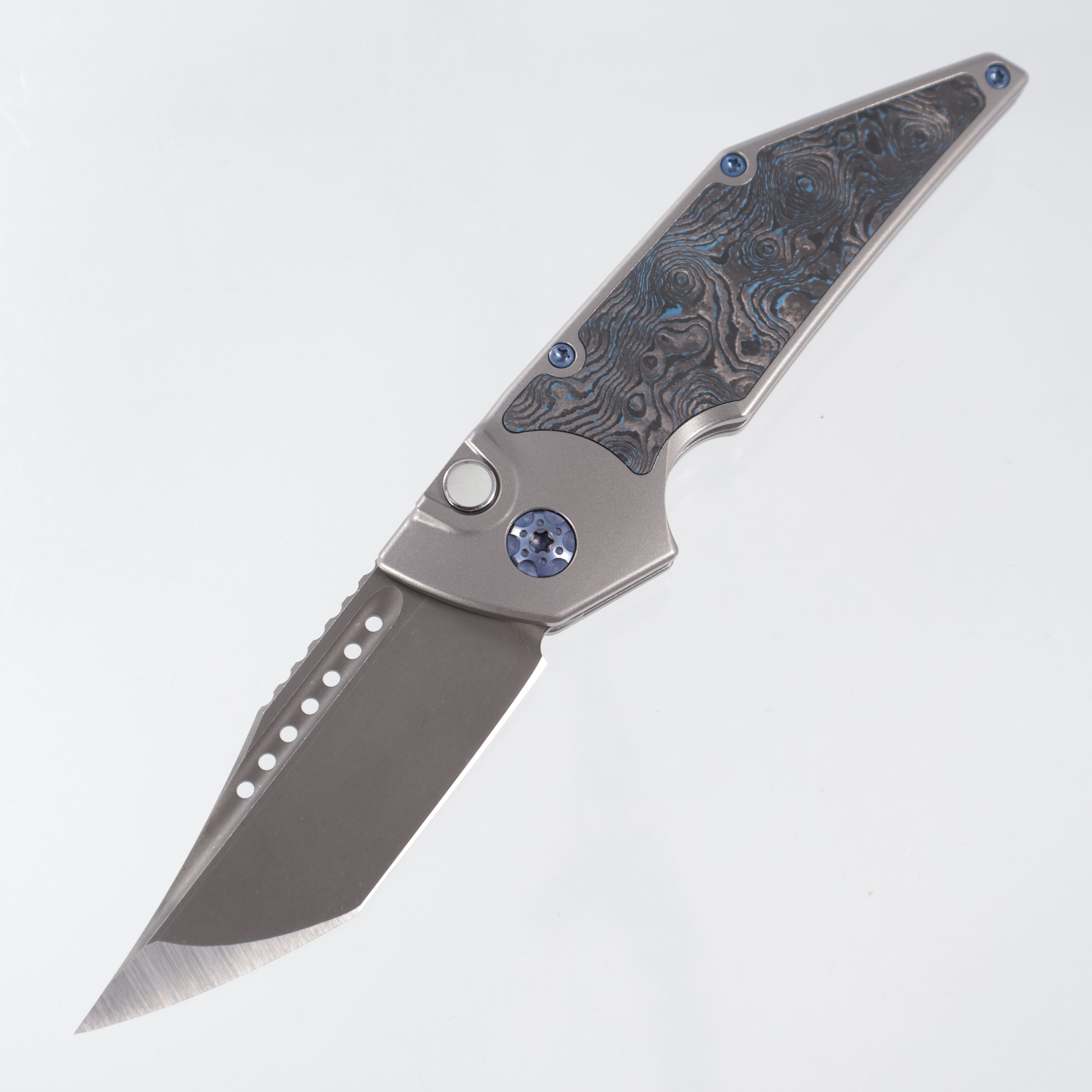 Hypercut Dharma Auto #188 - Stonewash Titanium w/ Blue Dunes Fat Carbon Inlays - Blue Ano Ti Hardware, Spacer, Clip & Pivot - Dark Stonewash S45VN