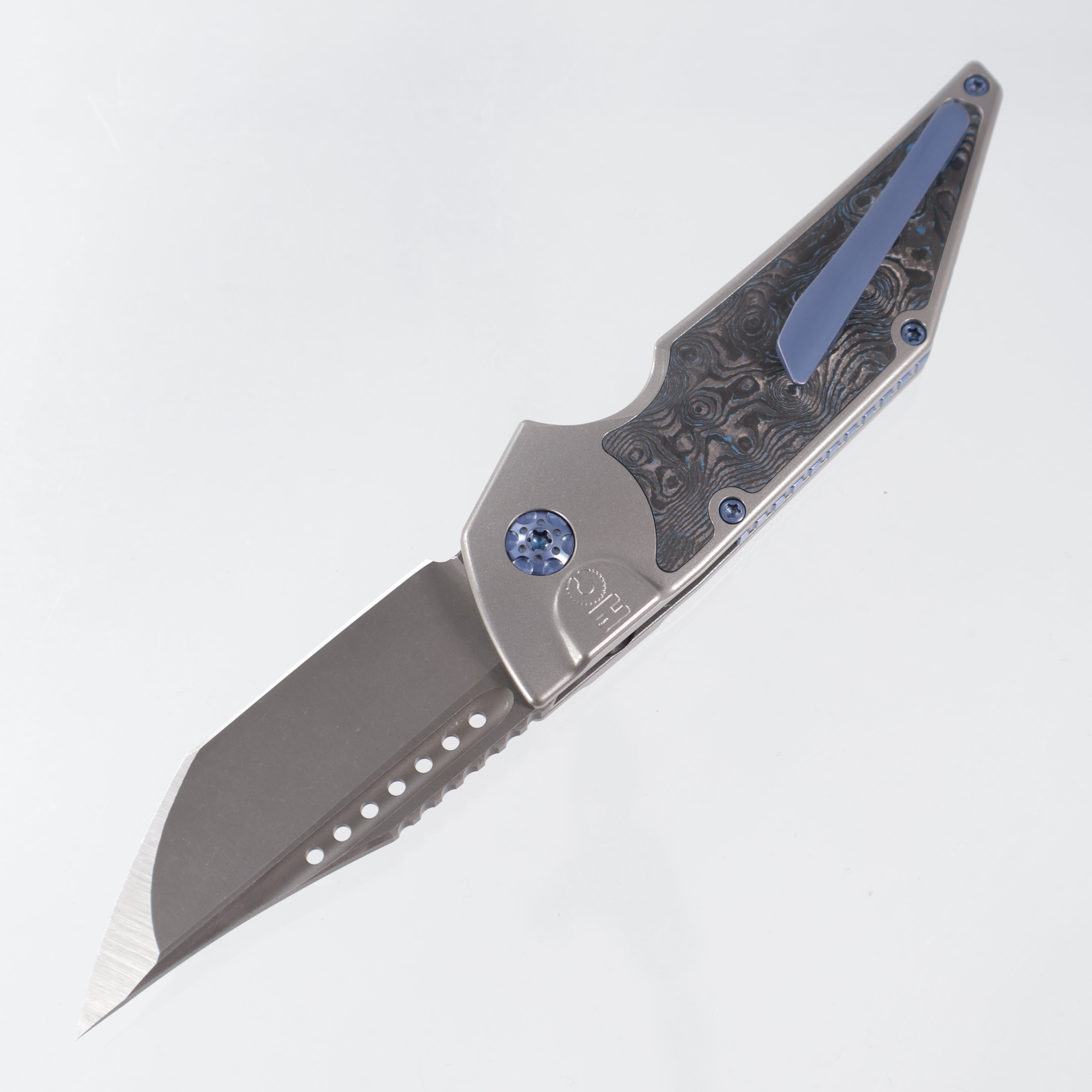 Hypercut Dharma Auto #188 - Stonewash Titanium w/ Blue Dunes Fat Carbon Inlays - Blue Ano Ti Hardware, Spacer, Clip & Pivot - Dark Stonewash S45VN