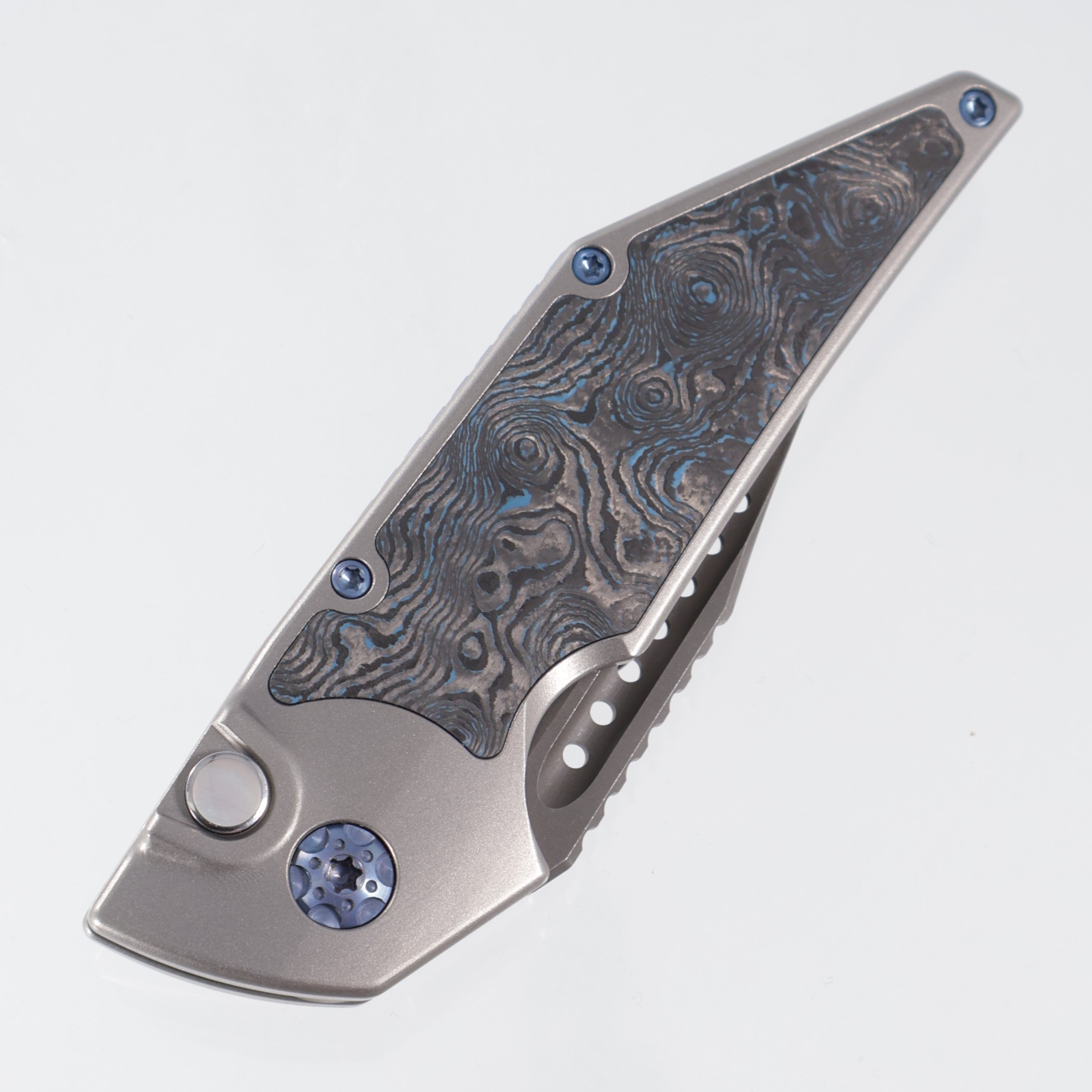 Hypercut Dharma Auto #188 - Stonewash Titanium w/ Blue Dunes Fat Carbon Inlays - Blue Ano Ti Hardware, Spacer, Clip & Pivot - Dark Stonewash S45VN
