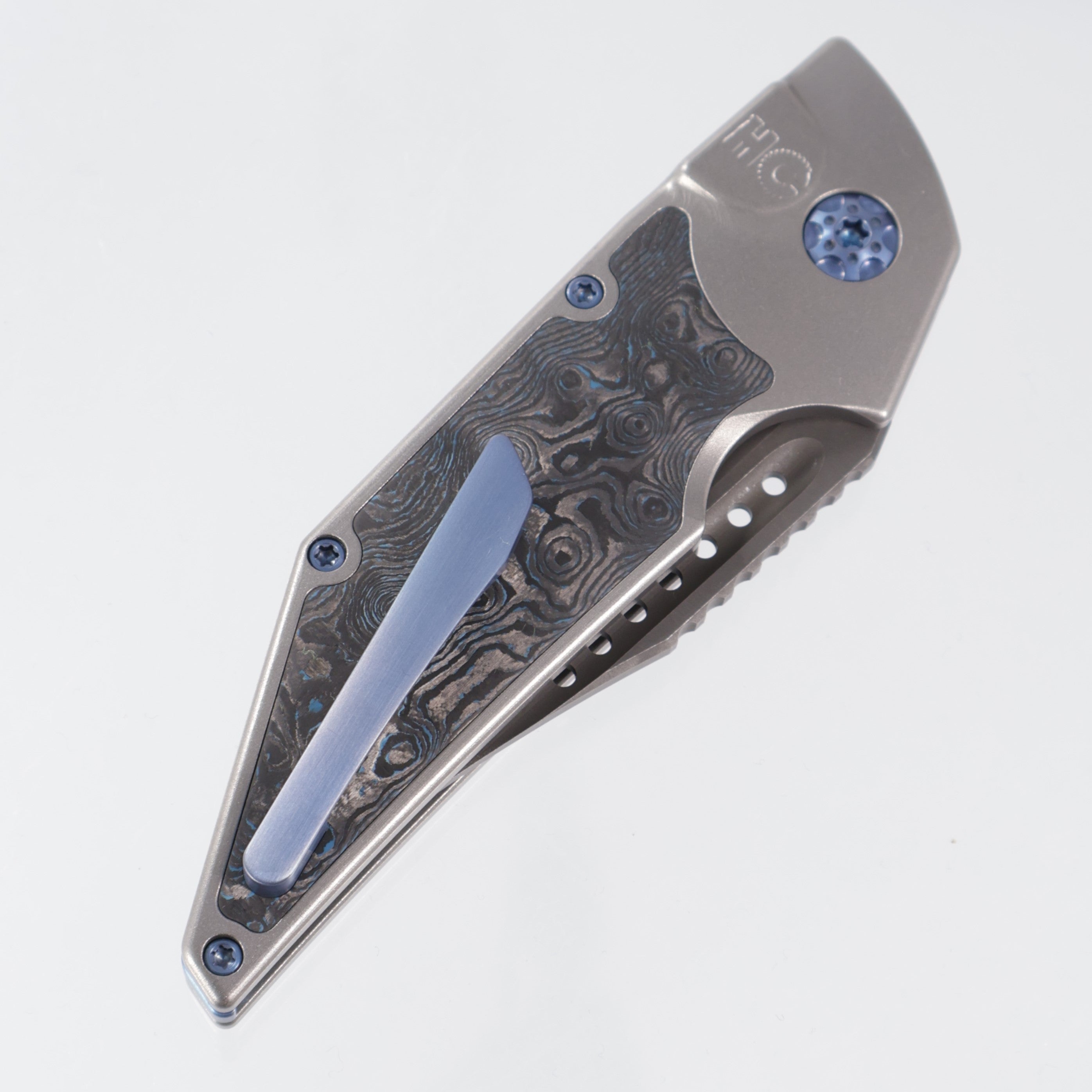 Hypercut Dharma Auto #188 - Stonewash Titanium w/ Blue Dunes Fat Carbon Inlays - Blue Ano Ti Hardware, Spacer, Clip & Pivot - Dark Stonewash S45VN