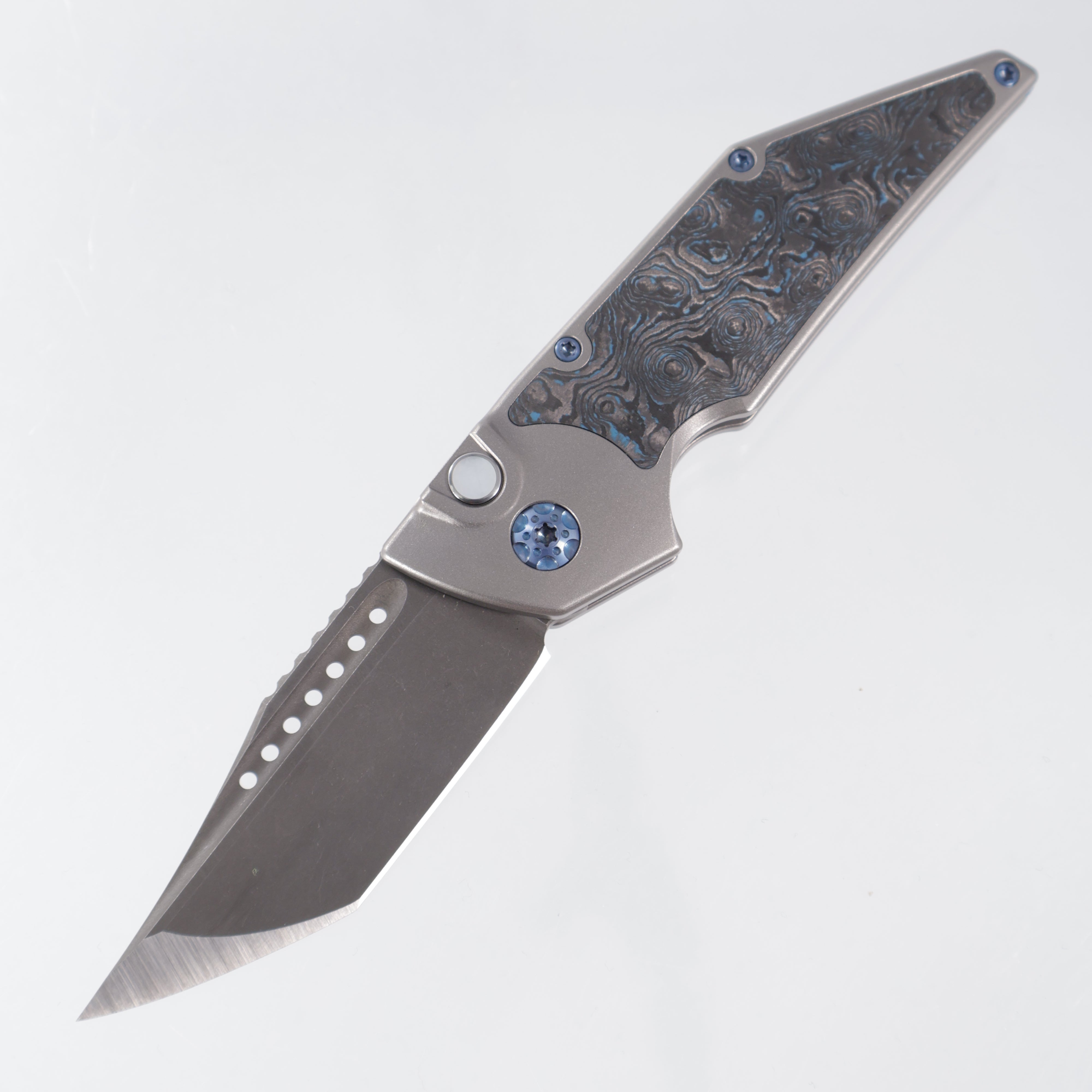 Hypercut Dharma Auto #191 - Stonewash Titanium w/ Blue Dunes Fat Carbon Inlays - Blue Ano Ti Hardware, Spacer, Clip & Pivot - Dark Stonewash S45VN