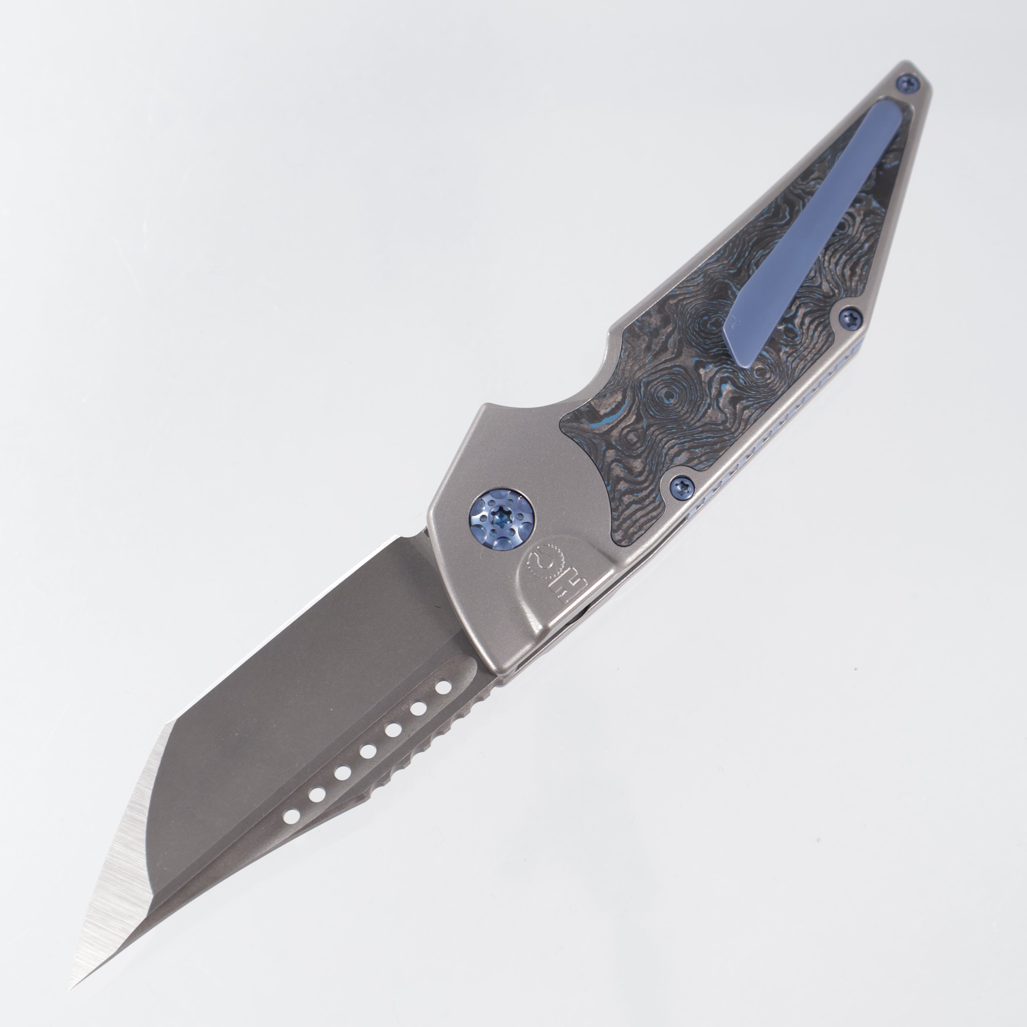 Hypercut Dharma Auto #191 - Stonewash Titanium w/ Blue Dunes Fat Carbon Inlays - Blue Ano Ti Hardware, Spacer, Clip & Pivot - Dark Stonewash S45VN