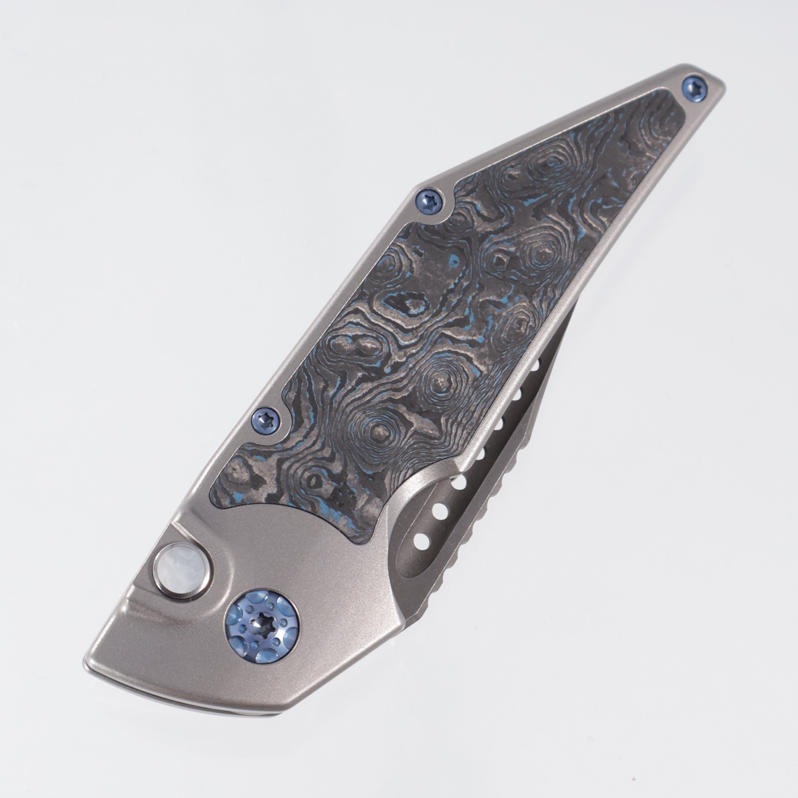 Hypercut Dharma Auto #191 - Stonewash Titanium w/ Blue Dunes Fat Carbon Inlays - Blue Ano Ti Hardware, Spacer, Clip & Pivot - Dark Stonewash S45VN