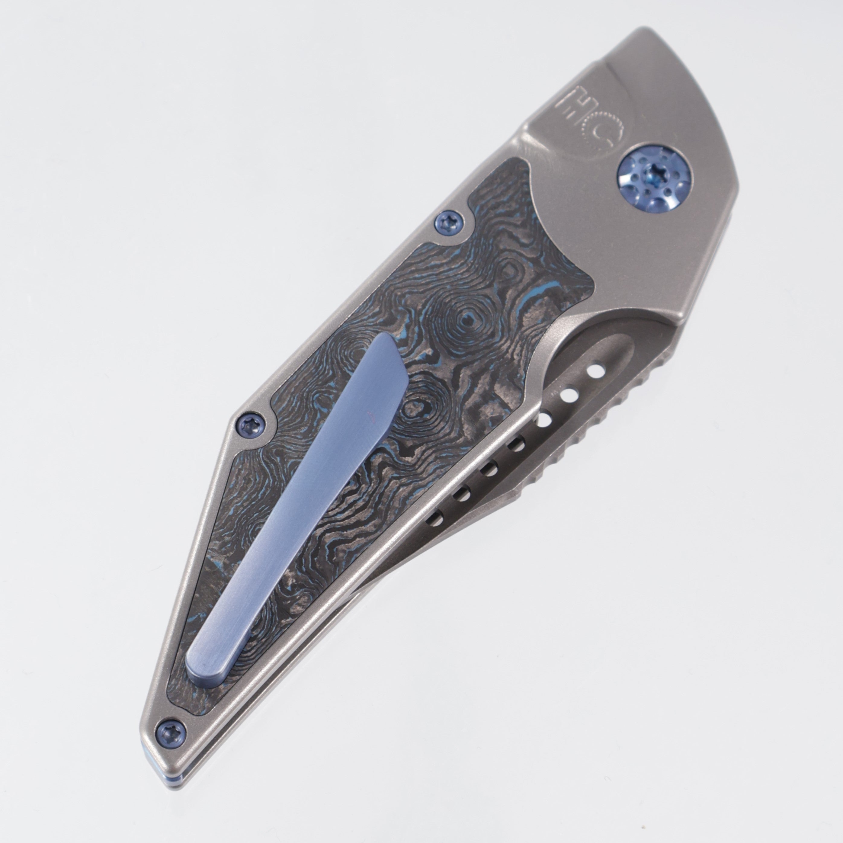 Hypercut Dharma Auto #191 - Stonewash Titanium w/ Blue Dunes Fat Carbon Inlays - Blue Ano Ti Hardware, Spacer, Clip & Pivot - Dark Stonewash S45VN