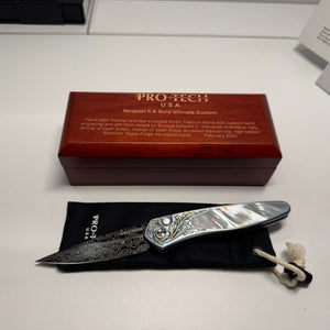 Protech Newport Ultimate Custom teal titanium, MOP button & inlay, 24k gold detailing, reptilian Damascus blade & hand engraving by Bottega Incision
