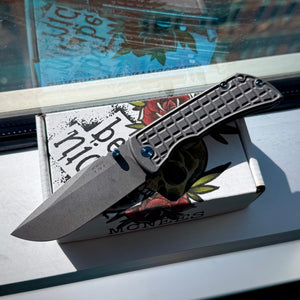 McNees Knives PM Mac 2 3.5” Gen2 Drop Point - Atomic Frag w/Blue hardware