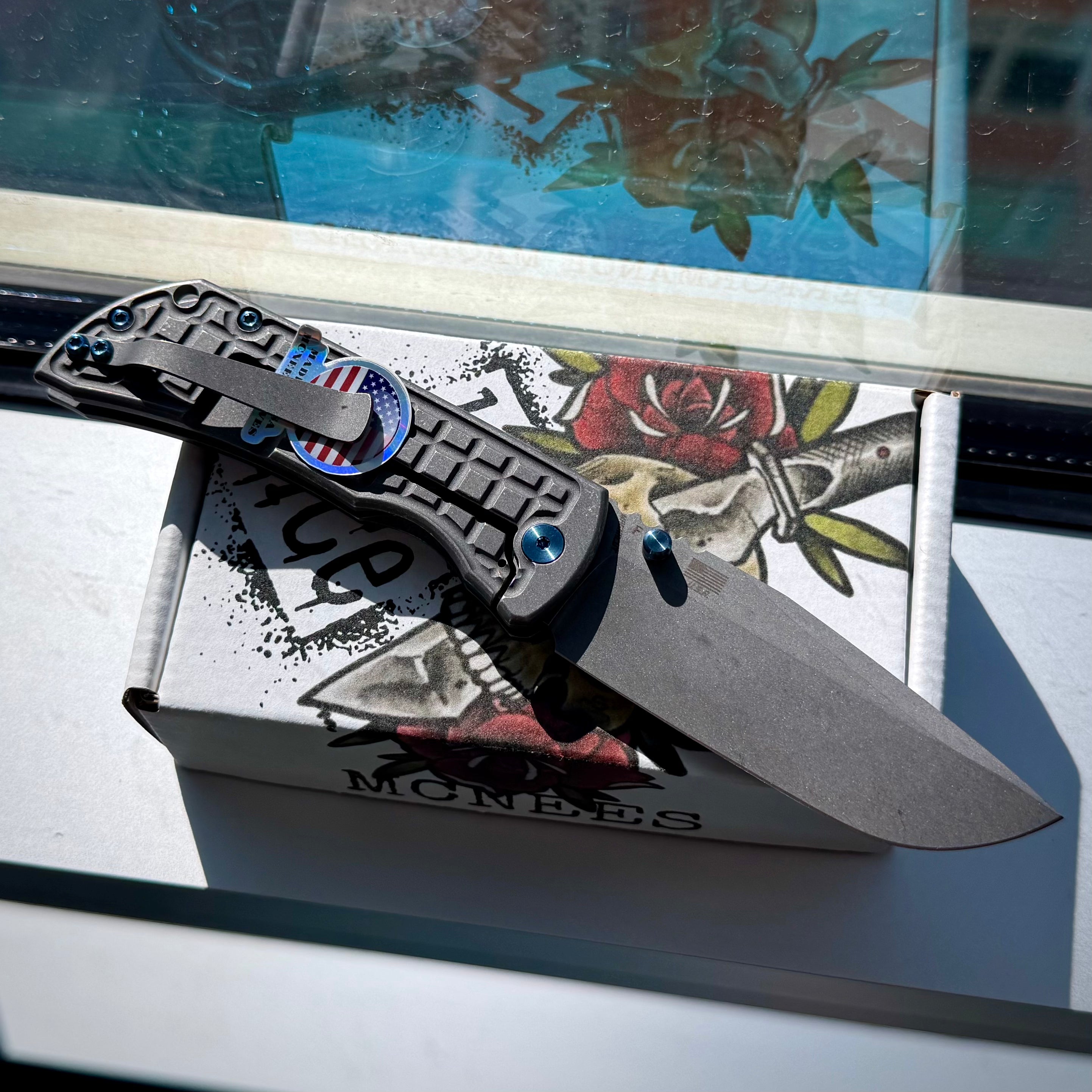 McNees Knives PM Mac 2 3.5” Gen2 Drop Point - Atomic Frag w/Blue hardware