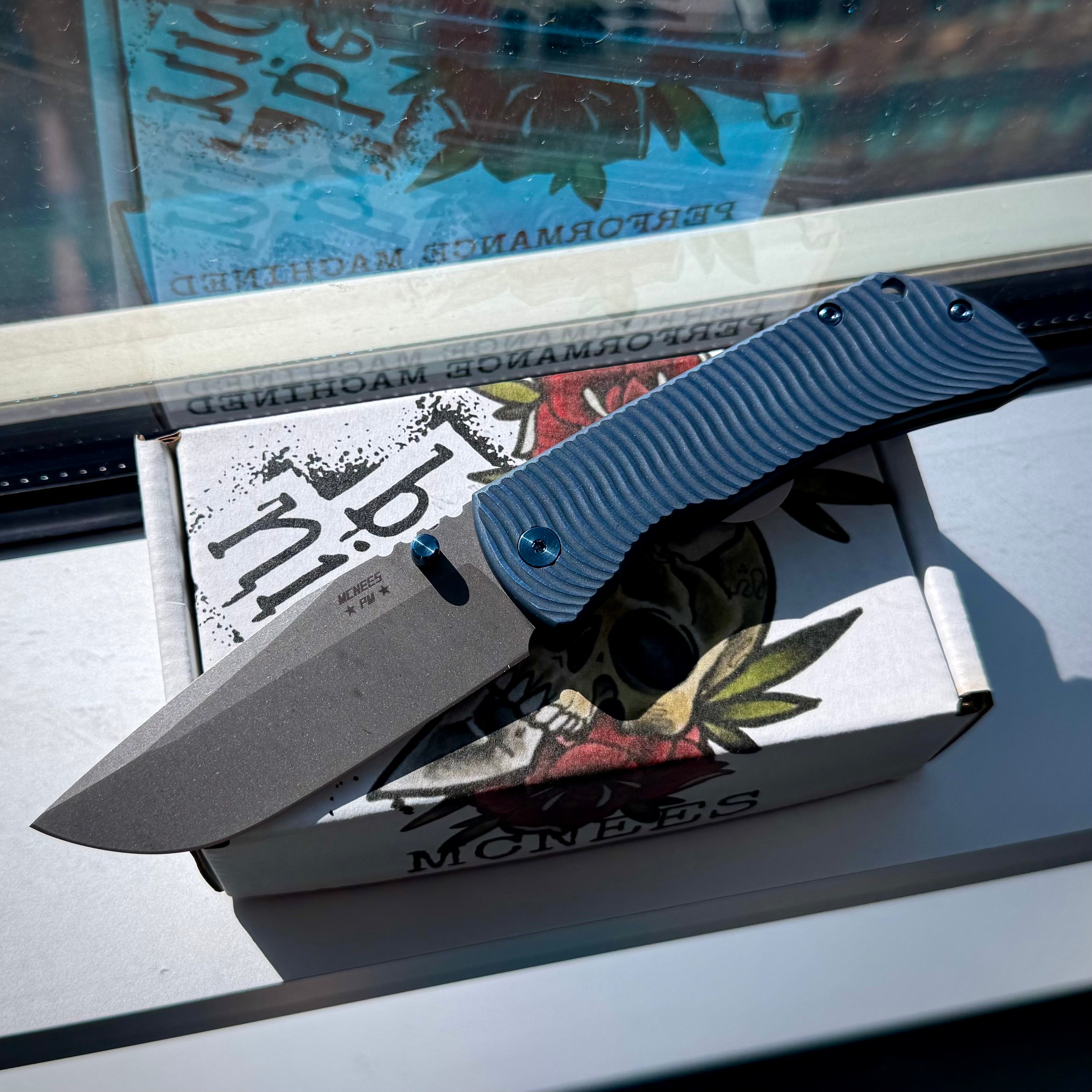 McNees Knives PM Mac 2 3.5” Gen2 Drop Point - Matte Blue Swerve Two-Tone w/Blue hardware