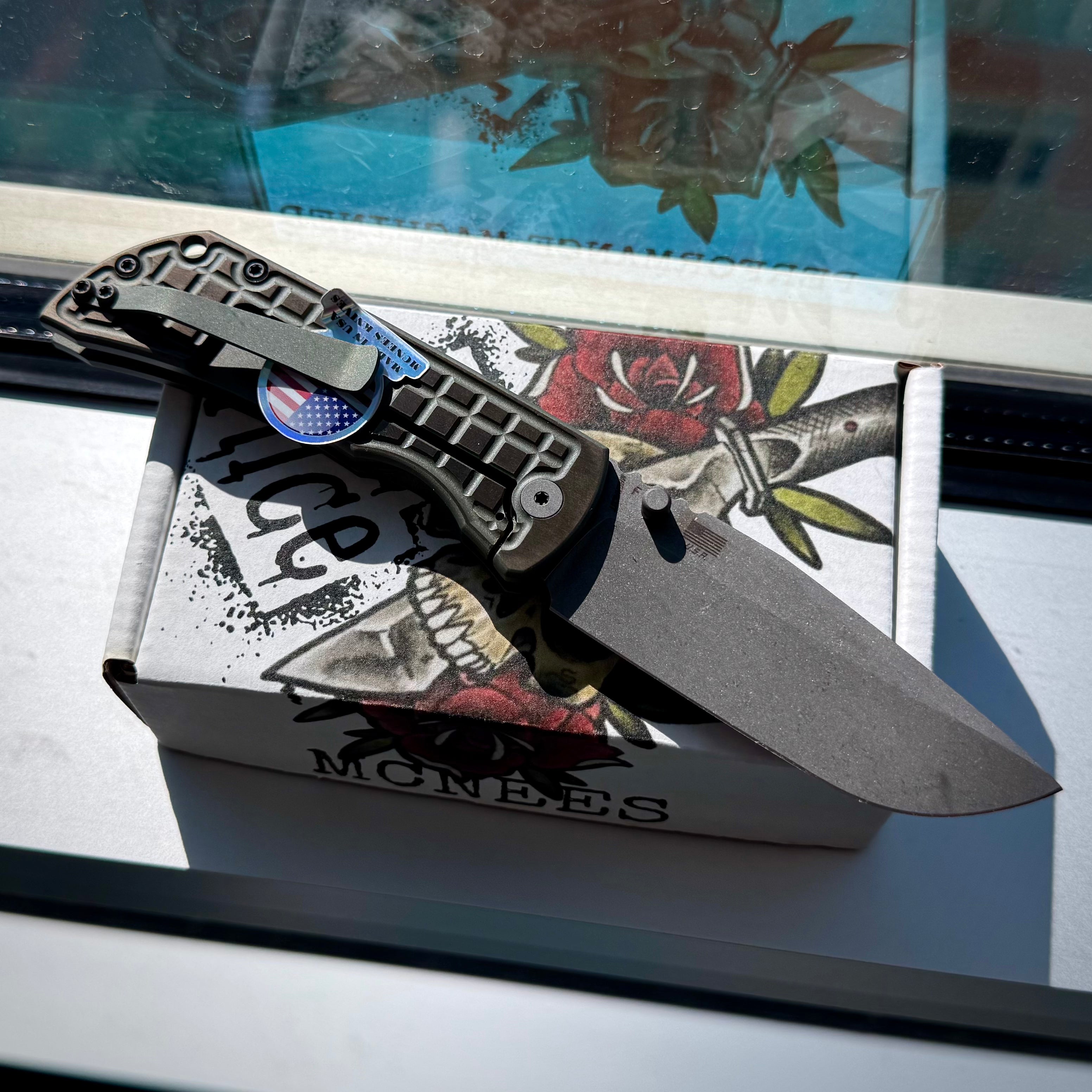 McNees Knives PM Mac 2 3.5” Gen2 Drop Point - Matte Green/Bronze Frag Two-Tone