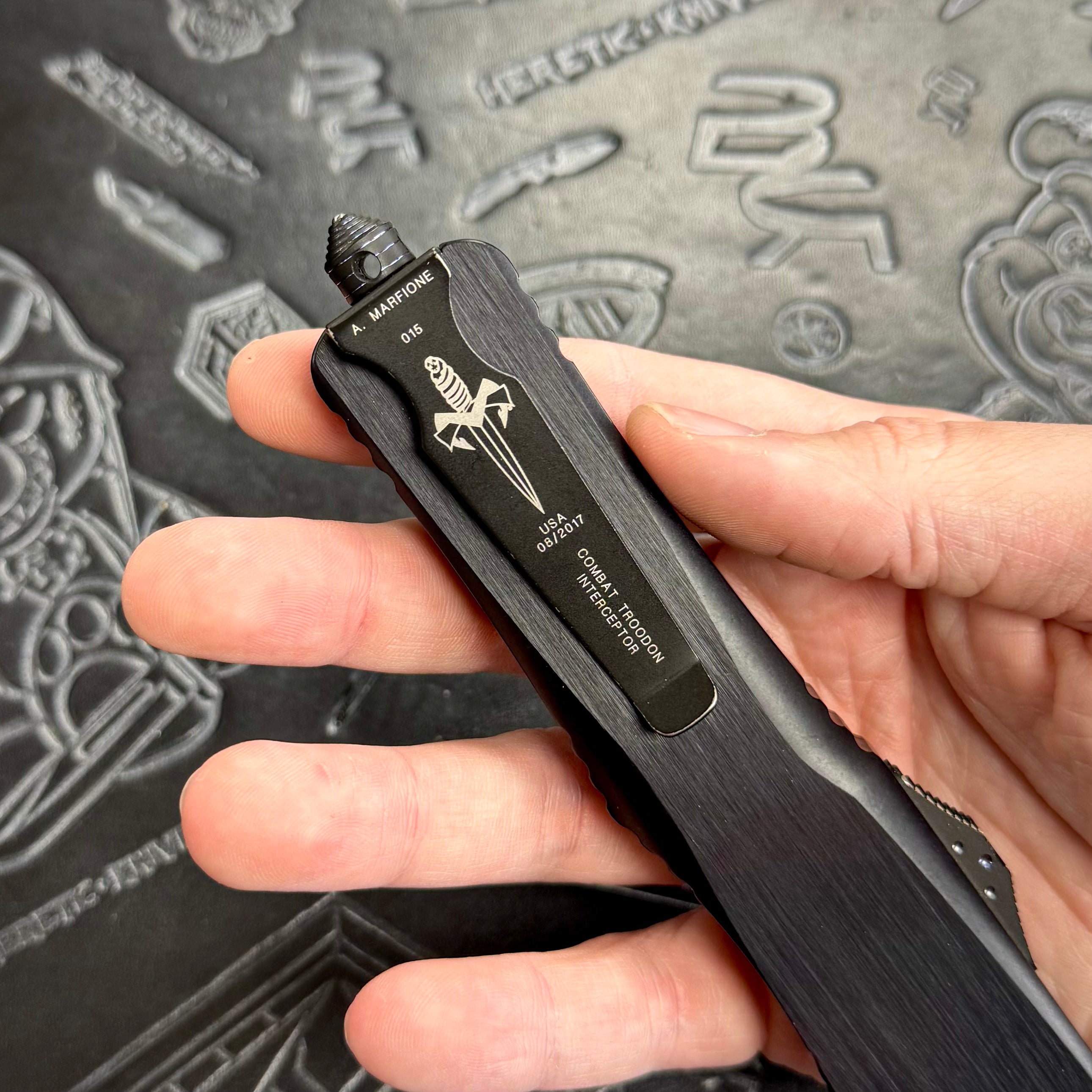 Marfione Custom Combat Troodon Interceptor - Hattori San-Mai Cowry X-Core Damascus - Hefted Alumimum - purple ringed hardware - S/N: 015