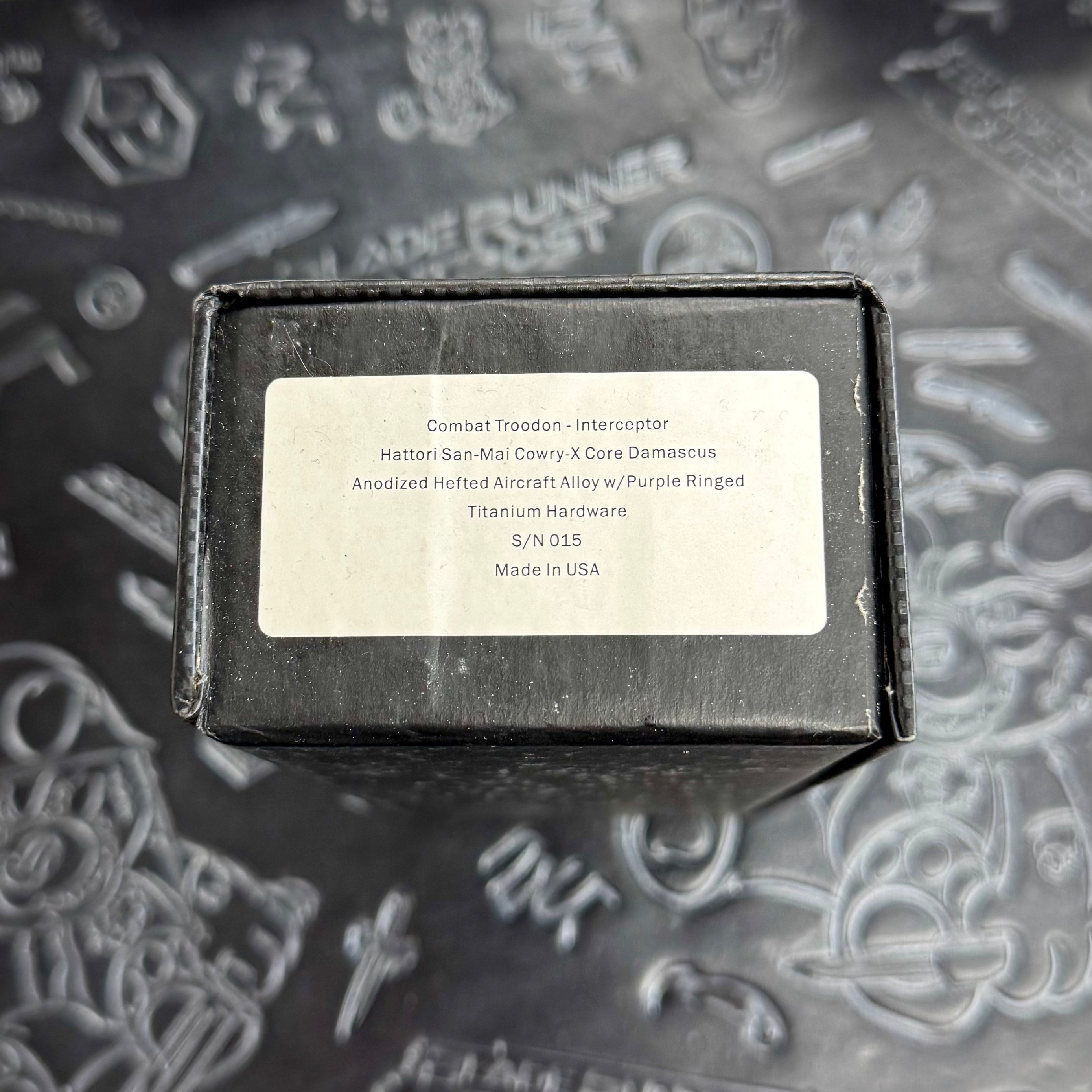 Marfione Custom Combat Troodon Interceptor - Hattori San-Mai Cowry X-Core Damascus - Hefted Alumimum - purple ringed hardware - S/N: 015