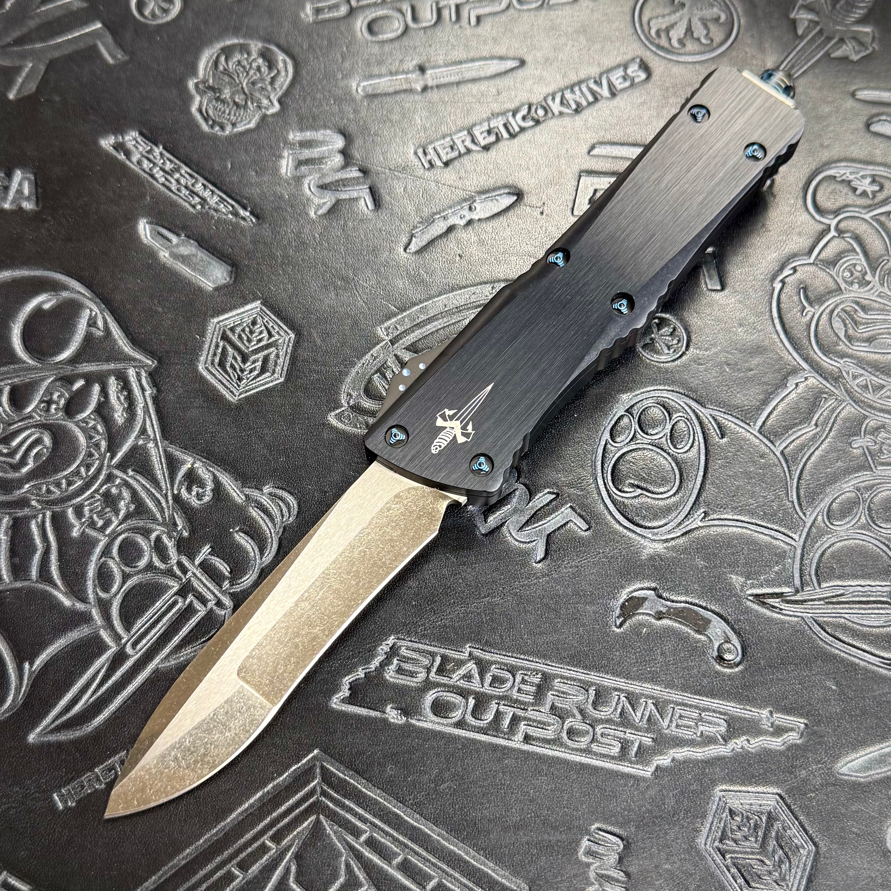 Marfione Custom Combat Troodon Recurve Compound Grind -Two- tone Stonewash - Hefted Aluminum - Blue ringed hardware - S/N: 016