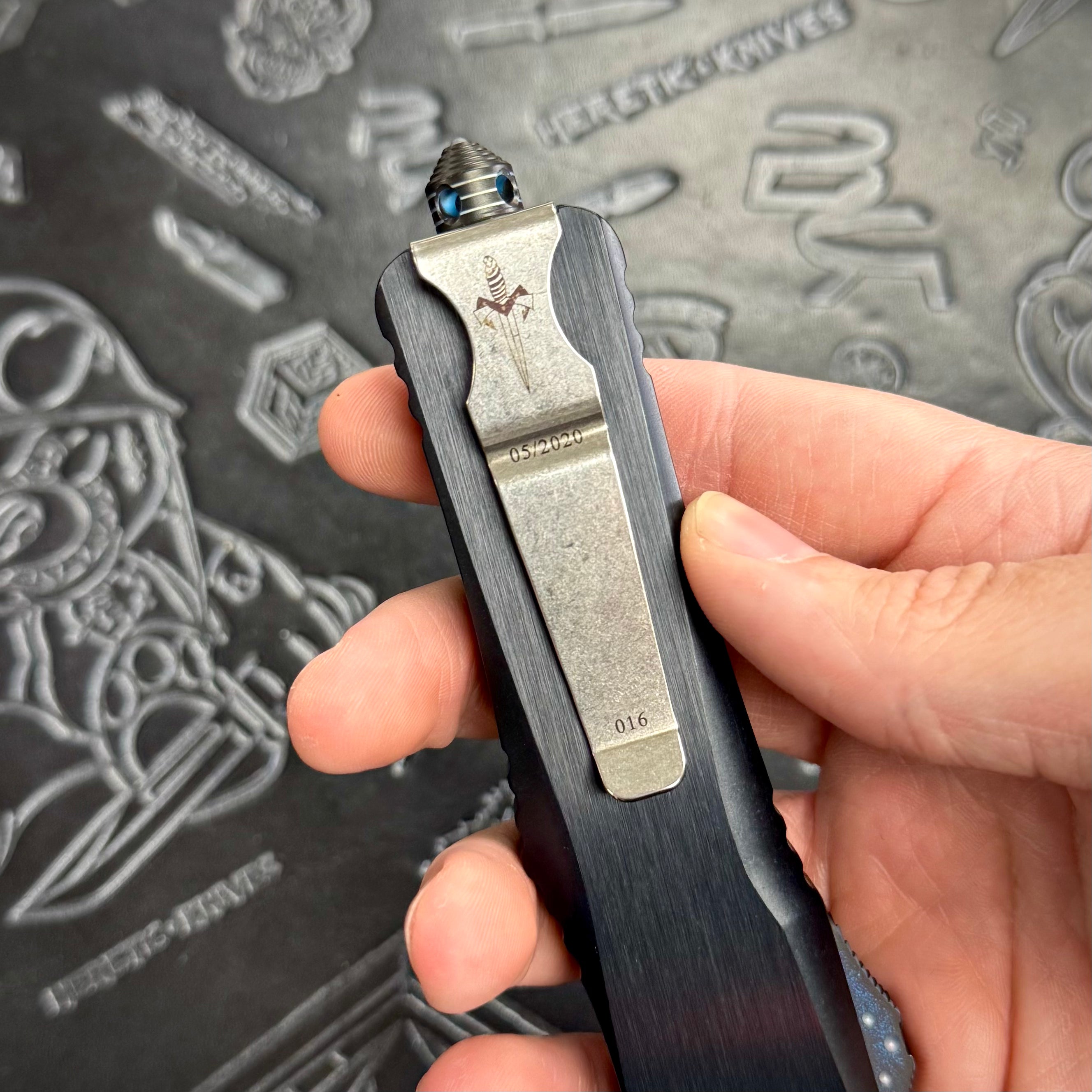 Marfione Custom Combat Troodon Recurve Compound Grind -Two- tone Stonewash - Hefted Aluminum - Blue ringed hardware - S/N: 016