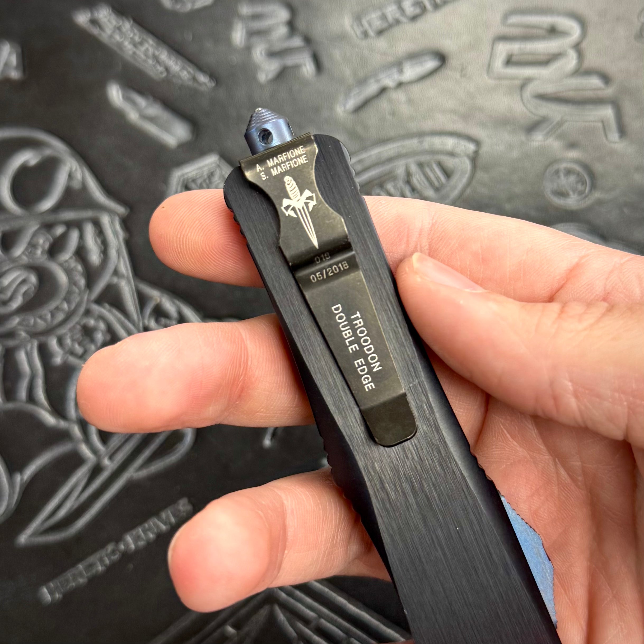 Marfione Custom Troodon - Double Edge Mirror Polish - Hefted Aluminum - Blue Ti hardware - S/N: 016