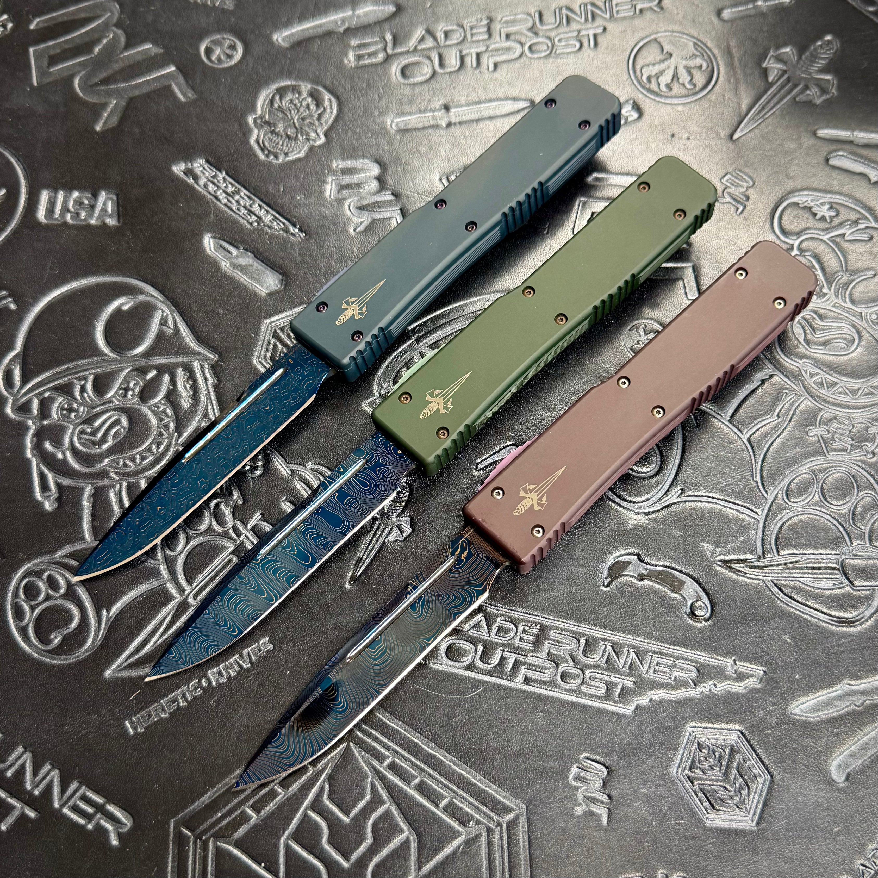 Marfione Custom “Elements” UT6 Ultratech set of 3 - Blue/Green/Red - Blue Damascus blades