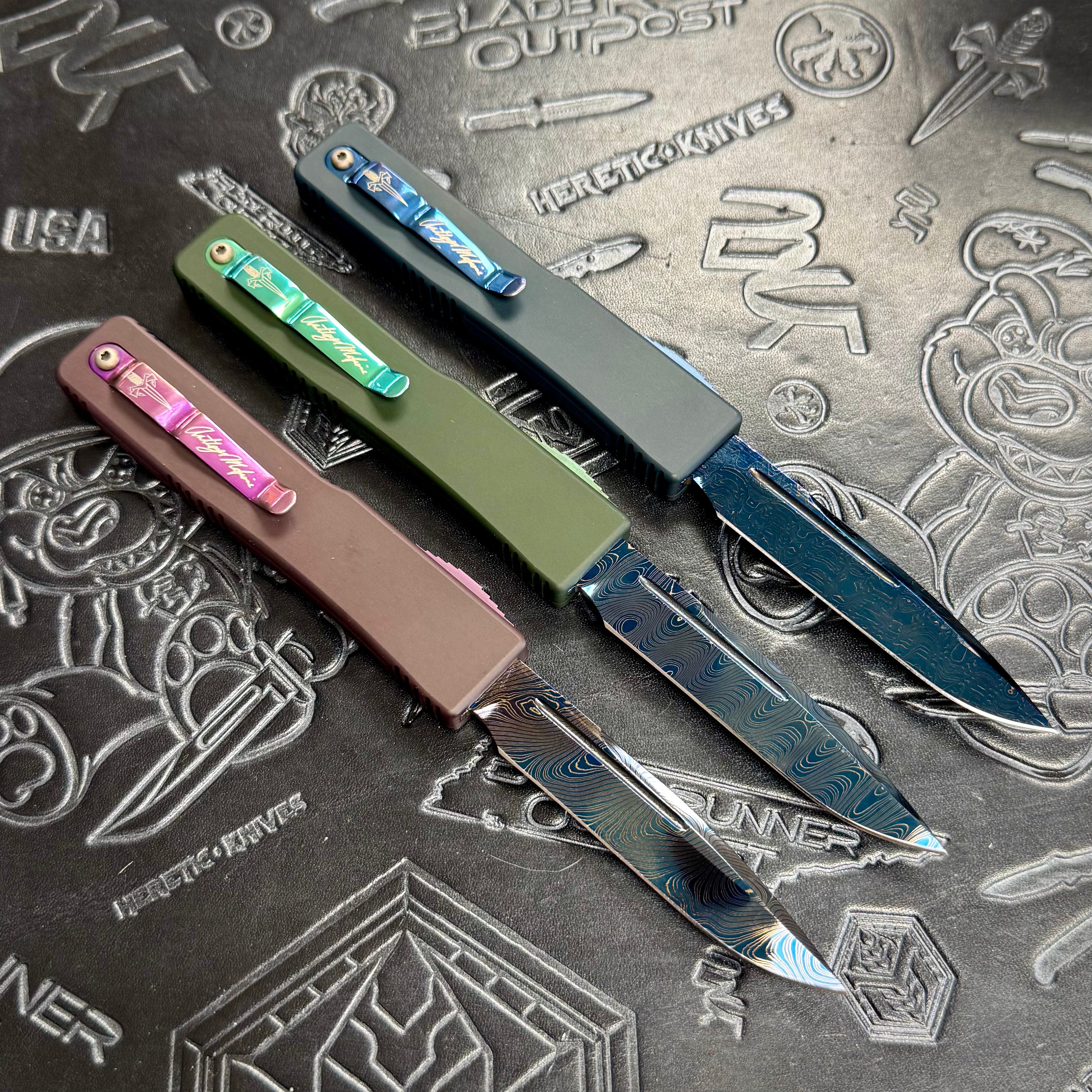 Marfione Custom “Elements” UT6 Ultratech set of 3 - Blue/Green/Red - Blue Damascus blades