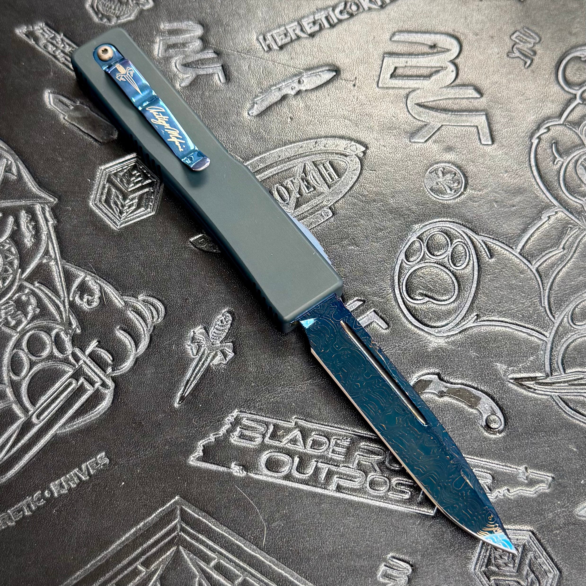 Marfione Custom “Elements” UT6 Ultratech set of 3 - Blue/Green/Red - Blue Damascus blades