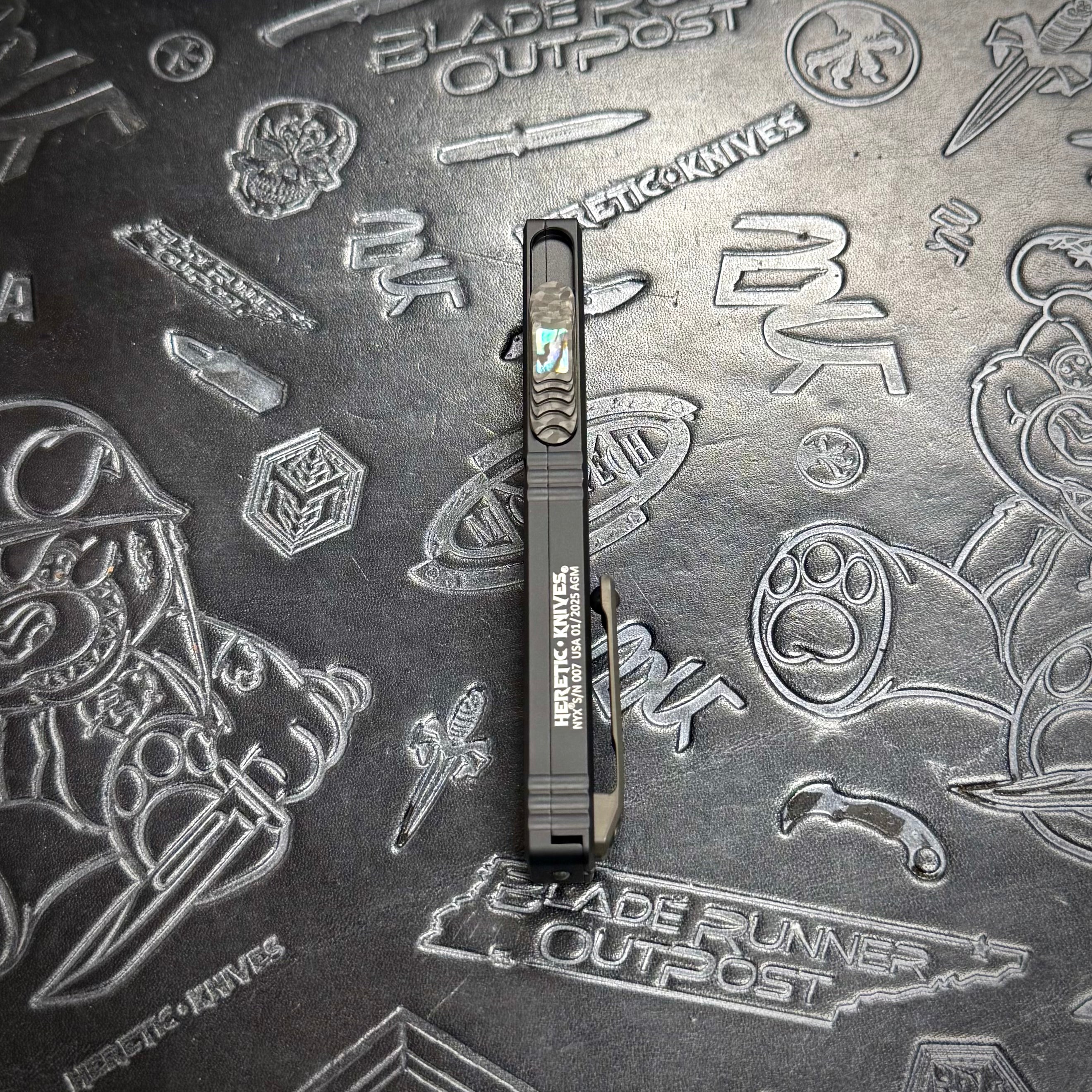Heretic Nyx Custom - Double Edge High Sheen DLC - Hefted Aluminum Chassis w/ Carbon Fiber inlay - Carbon Fiber button w/ Abalone inlay - DLC hardware