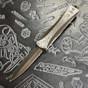 Heretic Manticore X Custom - Hand Engraved - Hand Ground DLC Vegas Forge Damascus Double Edge - 2 tone Hefted DLC stainless chassis - Flamed Ti Clip - Carbon Fiber Button S/N: 010
