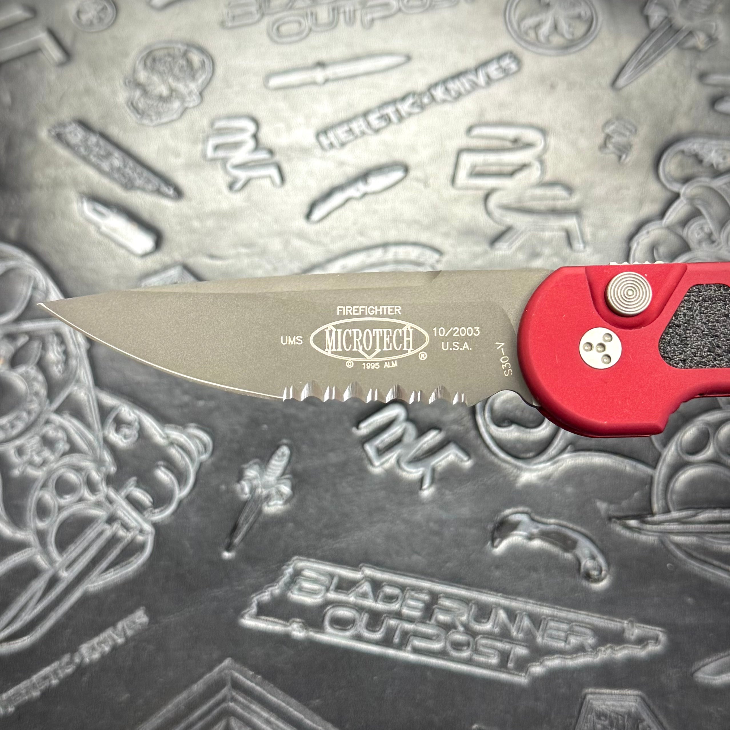 Microtech Vintage UMS Red “Firefighter” w/ safety - Black Partial Serrated S30V - 10/2003 build