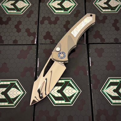 Heretic Pariah Manual Custom - Single Edge Mirror Polish - Hefted Titanium Chassis w/ Mother of Pearl inlays & Mother of Pearl button inlay - Blue Ti pivot collars S/N: 006
