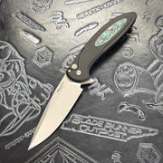 Protech Cambria 2 BSA25.Cambria.1 - Black handle w/ Teal TechnoCarbo Inlay & Black Lip Pearl button inlay - Stonewash Magnacut