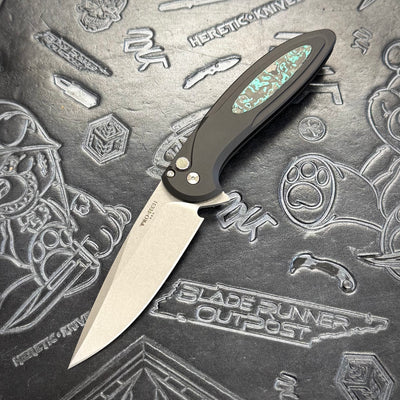 Protech Cambria 2 BSA25.Cambria.1 - Black handle w/ Teal TechnoCarbo Inlay & Black Lip Pearl button inlay - Stonewash Magnacut