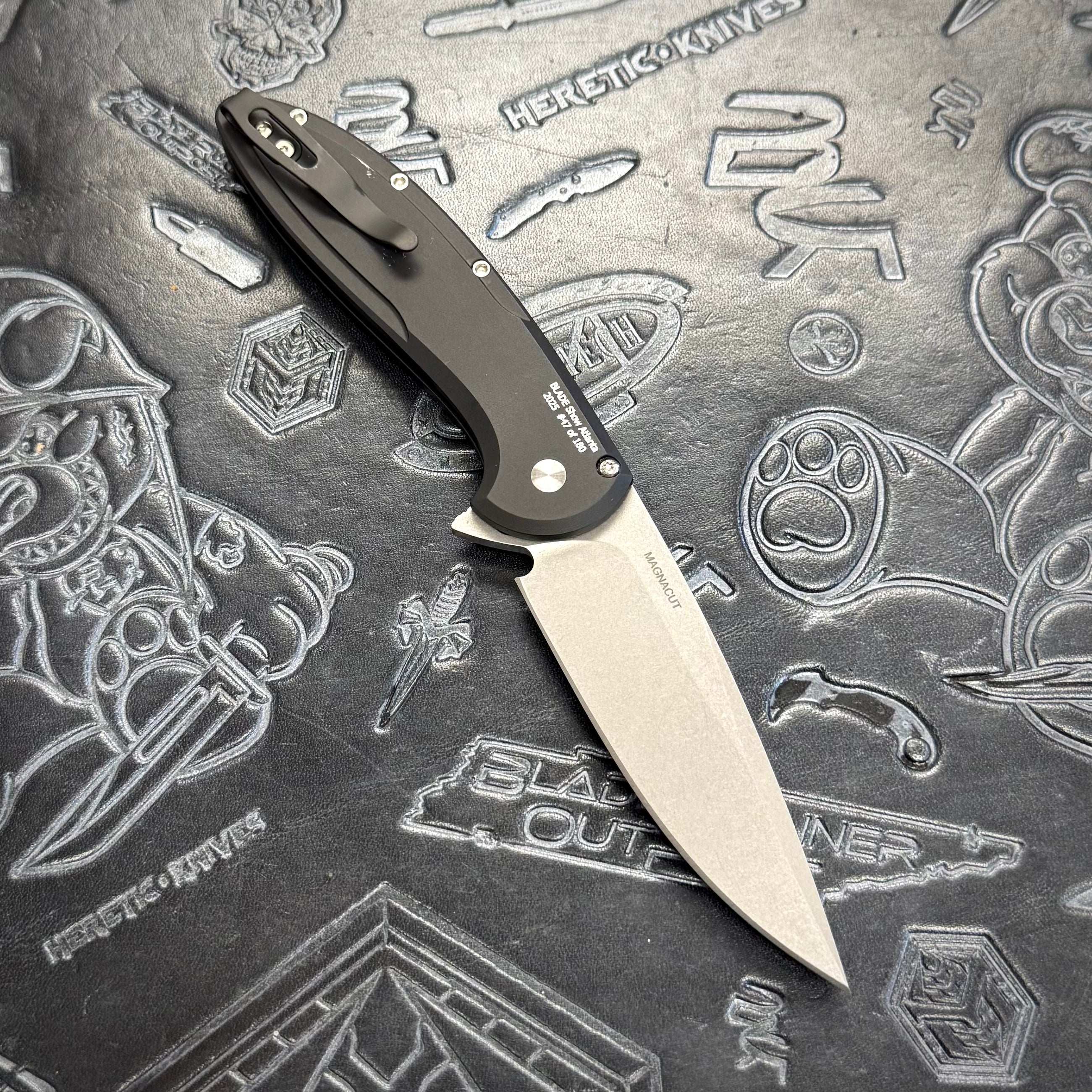 Protech Cambria 2 BSA25.Cambria.1 - Black handle w/ Teal TechnoCarbo Inlay & Black Lip Pearl button inlay - Stonewash Magnacut