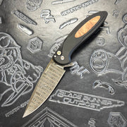 Protech Cambria 2 - 2025 Custom 005 - Black handle w/ Maple Burl inlay & Mosaic Pin button inlay - Chad Nichols Ladder Damascus