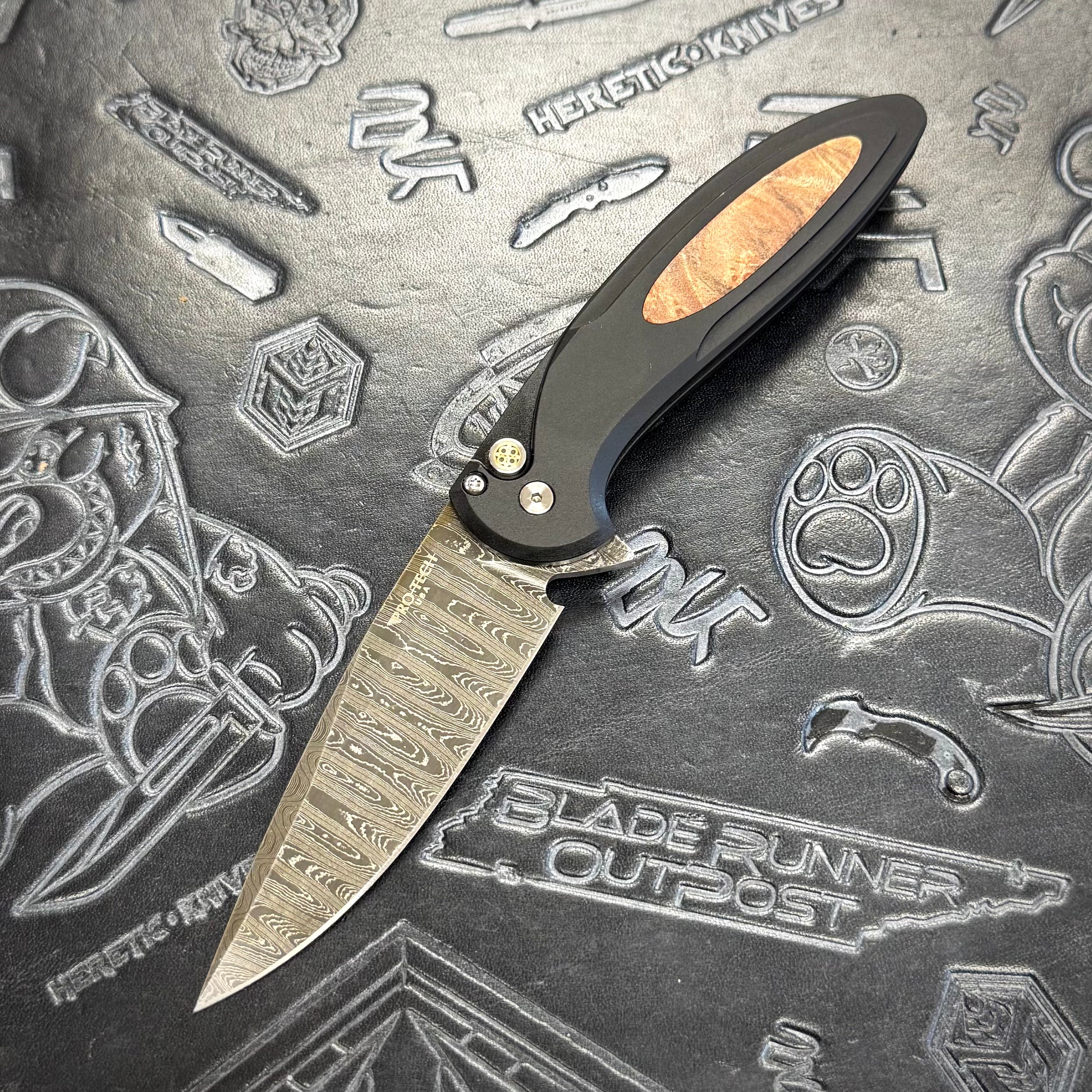 Protech Cambria 2 - 2025 Custom 005 - Black handle w/ Maple Burl inlay & Mosaic Pin button inlay - Chad Nichols Ladder Damascus
