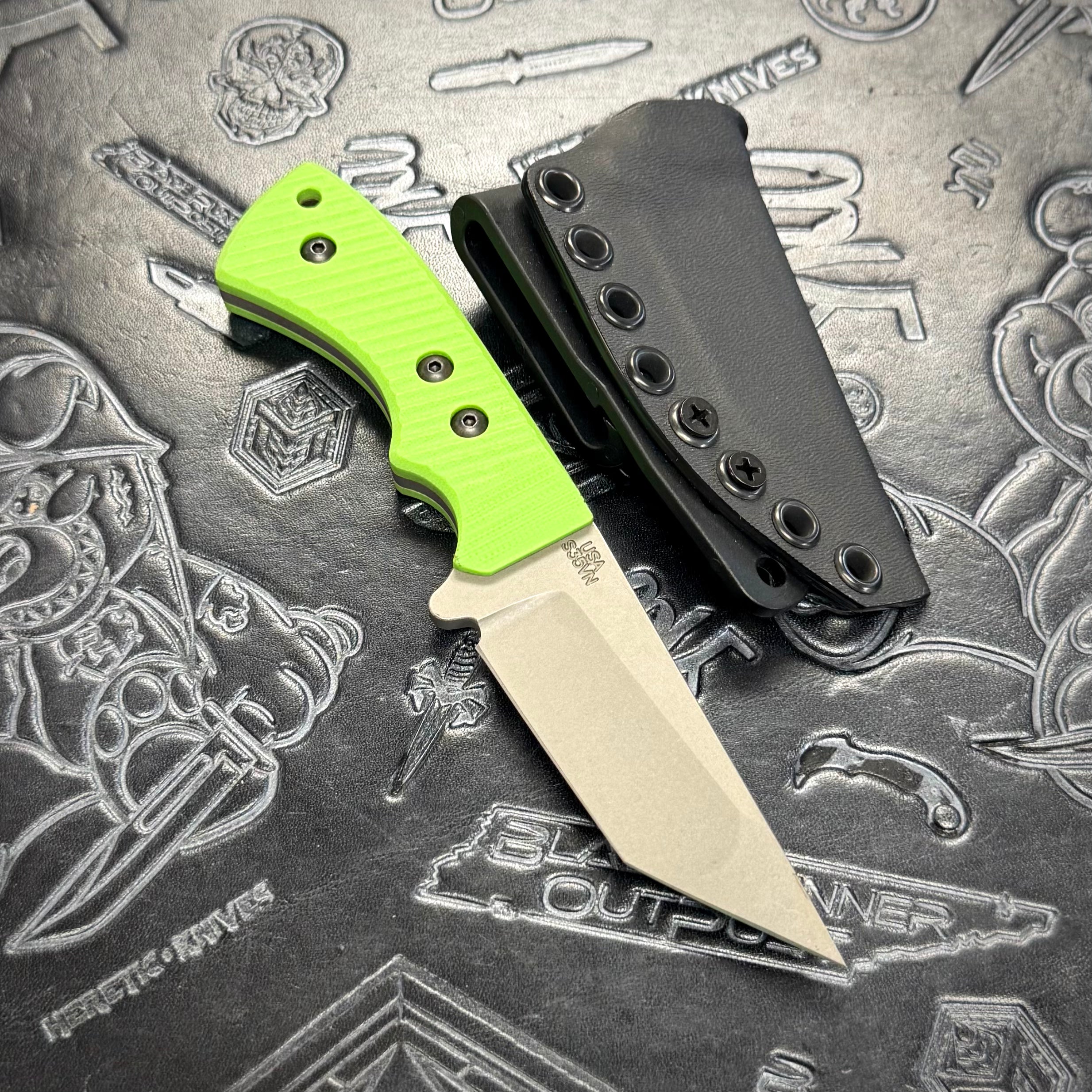 Attn2Detail Mercantile Lil Pecker - Ridged Bright Green G10 - Western Tanto - Stonewash S35VN