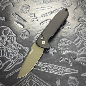 Protech Rockeye 1-off Cerakote - Black handle w/ Black Lip Pearl button inlay - OD Green blade