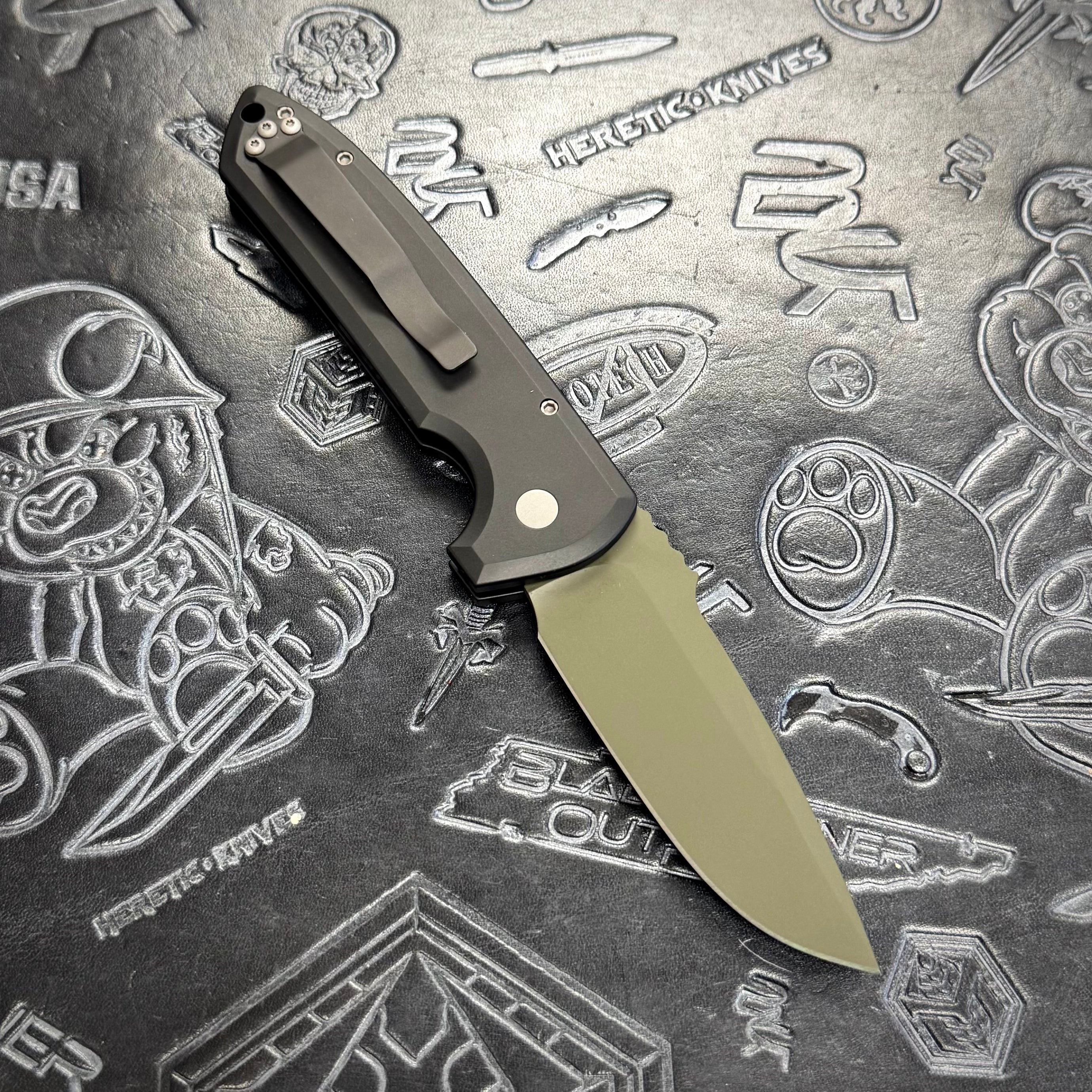 Protech Rockeye 1-off Cerakote - Black handle w/ Black Lip Pearl button inlay - OD Green blade