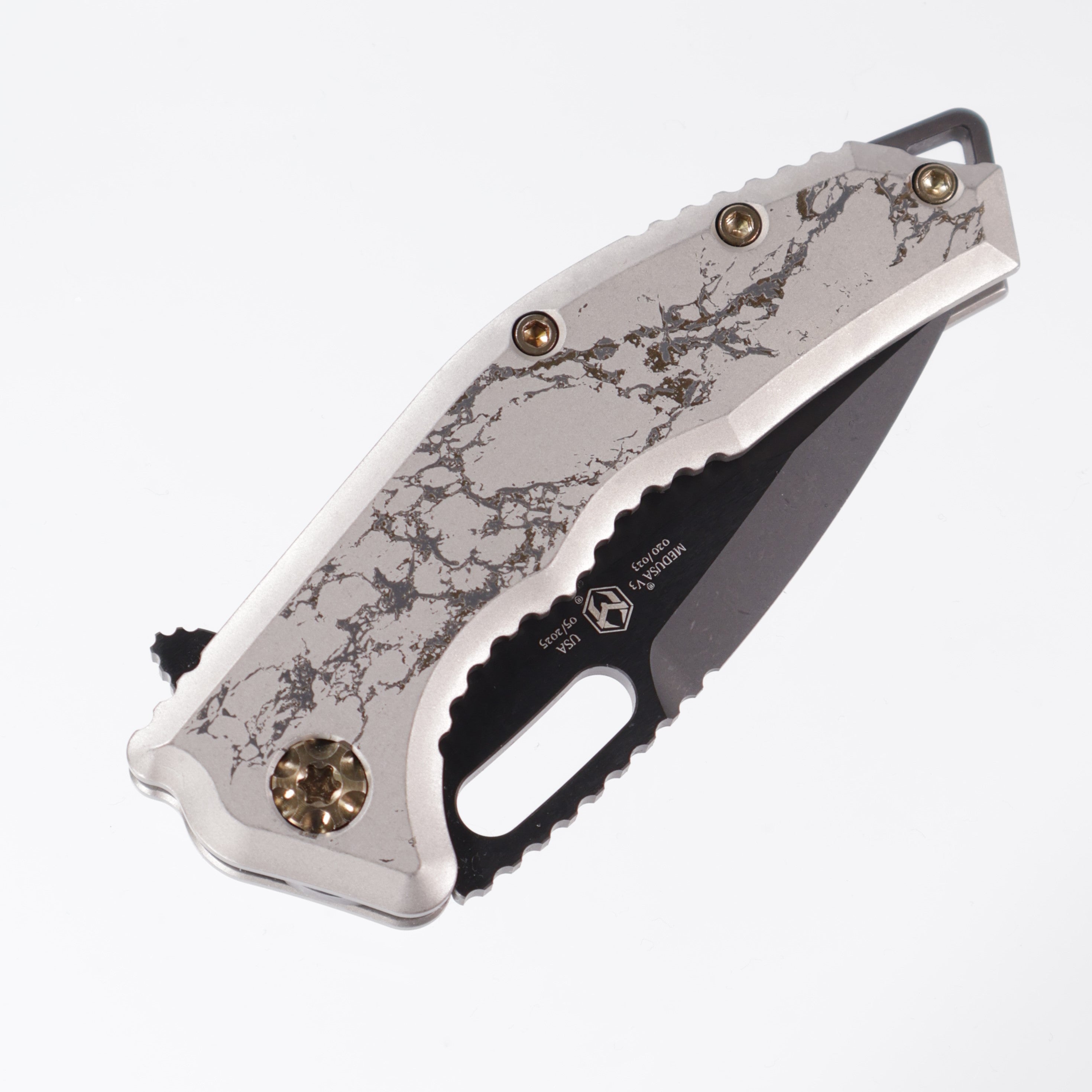 Heretic Medusa V3 Manual - White Marble Anodization - DLC Tanto - BROP Exclusive H009-6A-WT/MAR