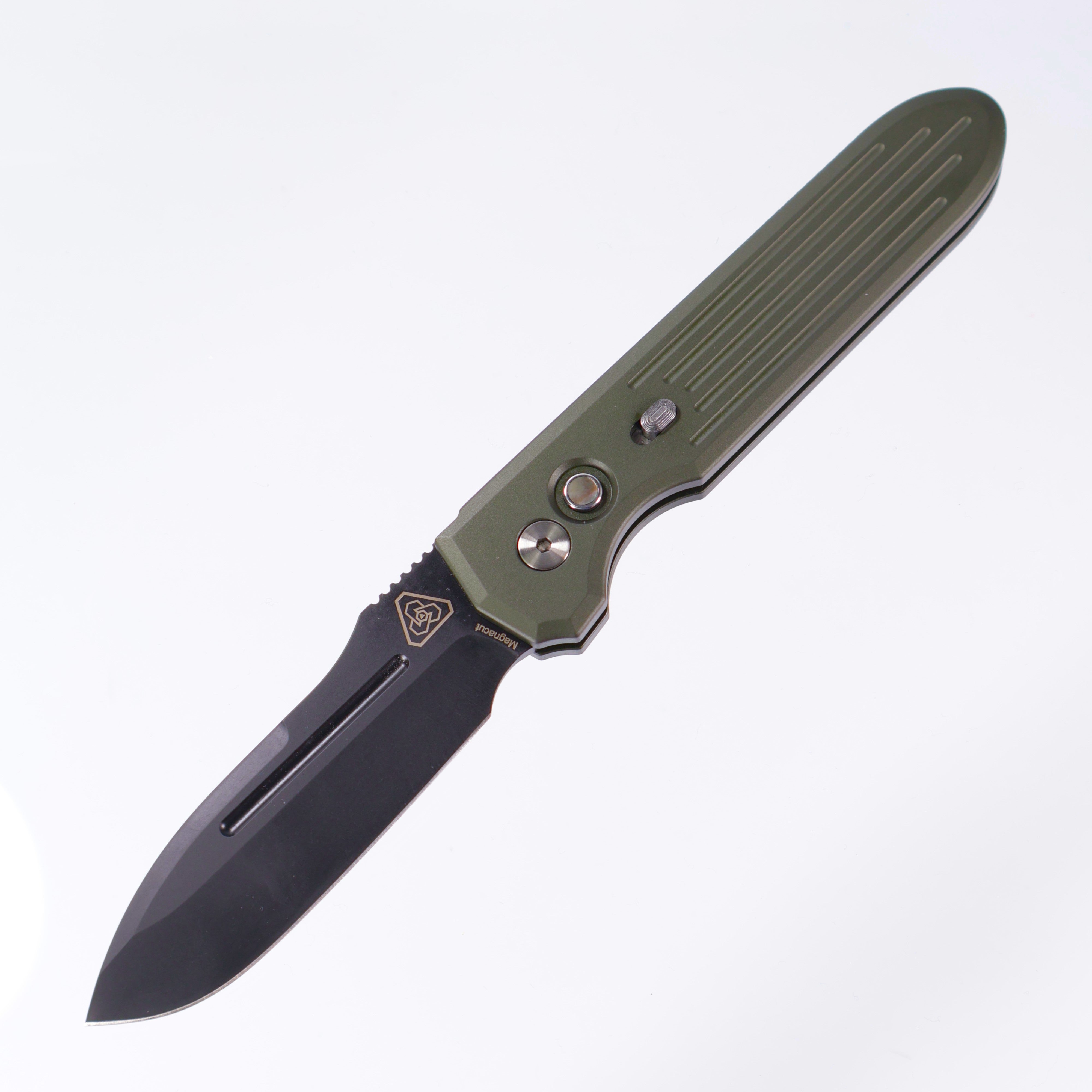 Protech PDW Invictus 1805-GREEN - Green Handle w/ Black Lip Pearl button inlay & Steel safety - DLC Magnacut