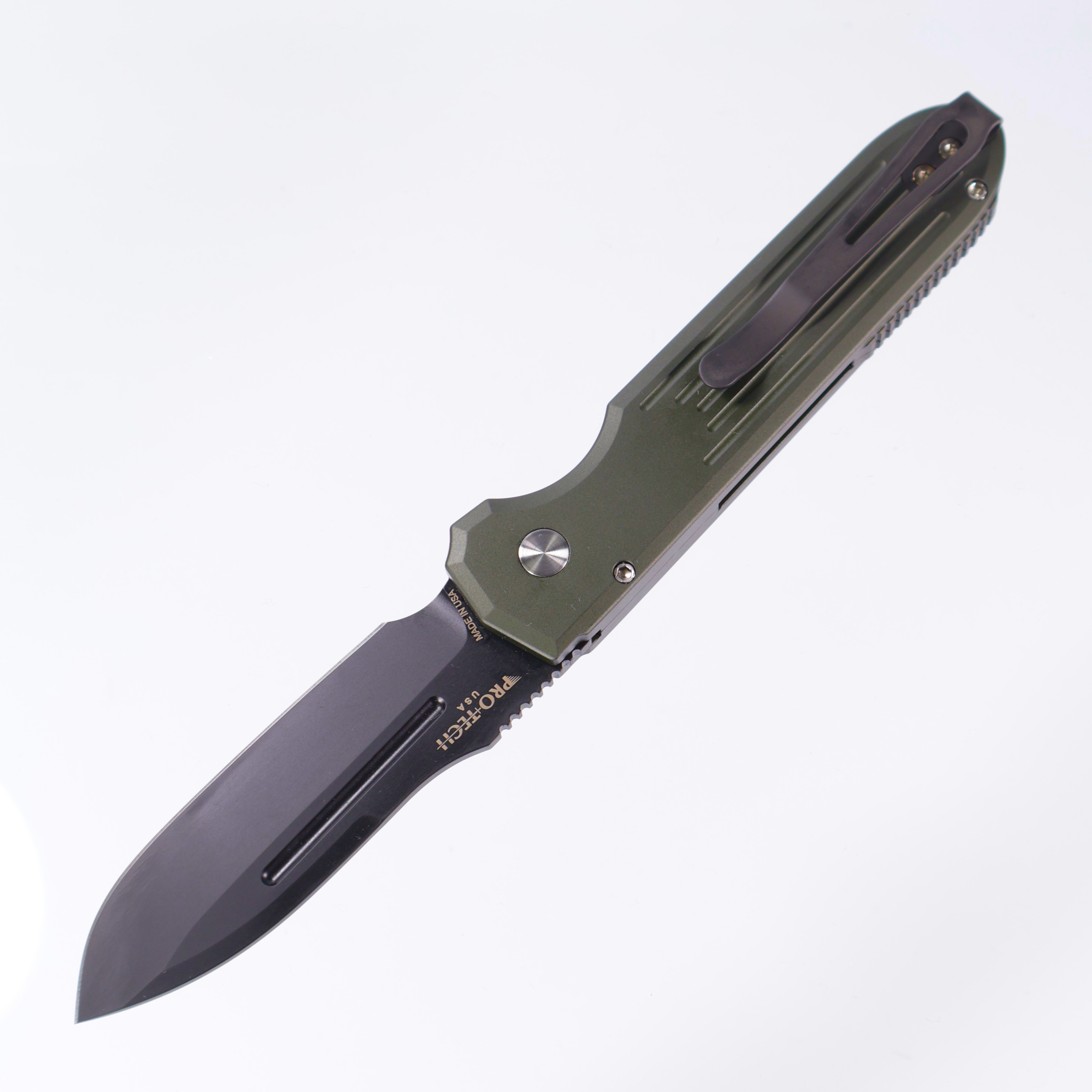 Protech PDW Invictus 1805-GREEN - Green Handle w/ Black Lip Pearl button inlay & Steel safety - DLC Magnacut
