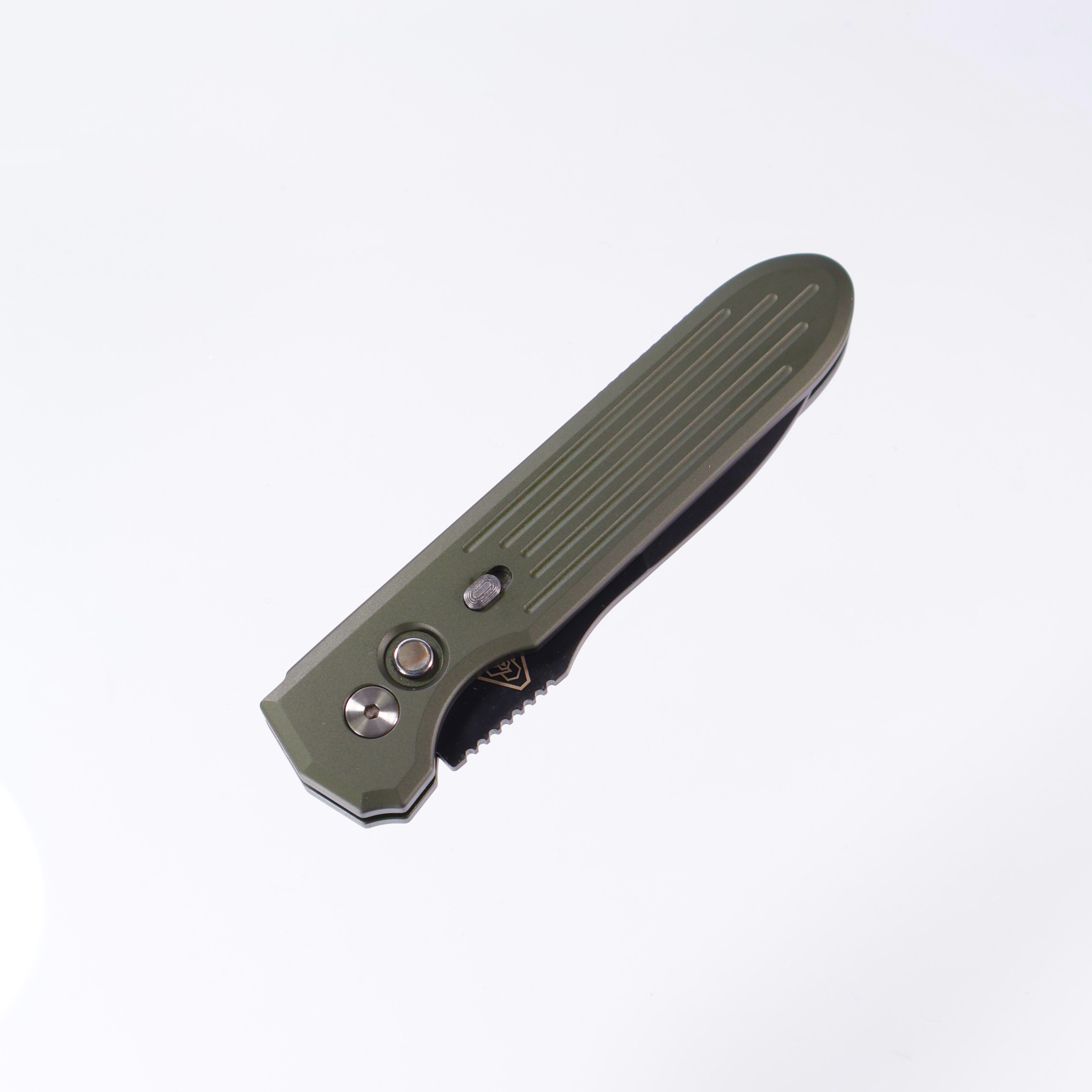Protech PDW Invictus 1805-GREEN - Green Handle w/ Black Lip Pearl button inlay & Steel safety - DLC Magnacut