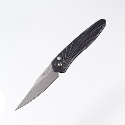 Protech Newport 3436 - Black Handle w/ 3D Wave milling & Mother Of Pearl button - Stonewash S35VN