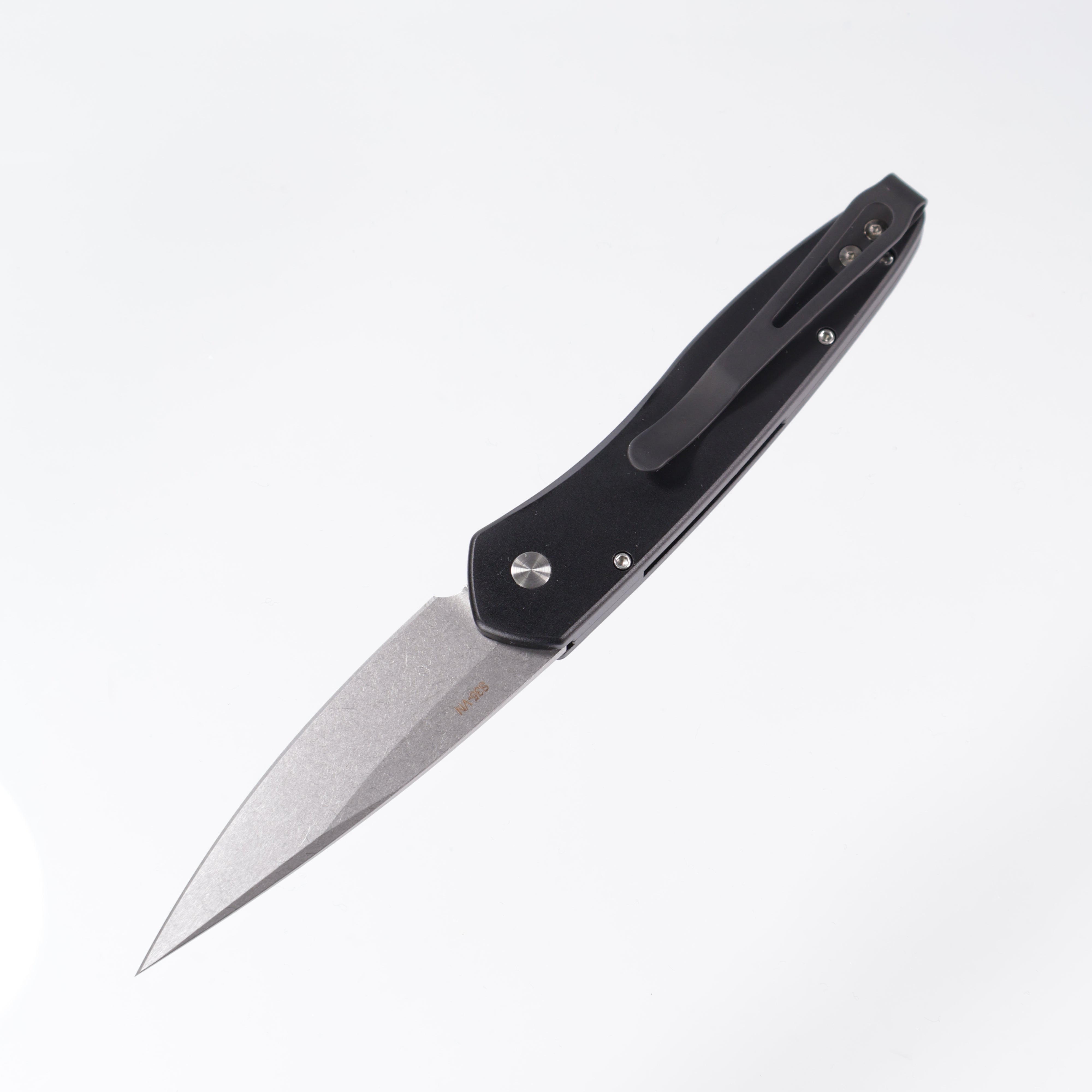 Protech Newport 3436 - Black Handle w/ 3D Wave milling & Mother Of Pearl button - Stonewash S35VN