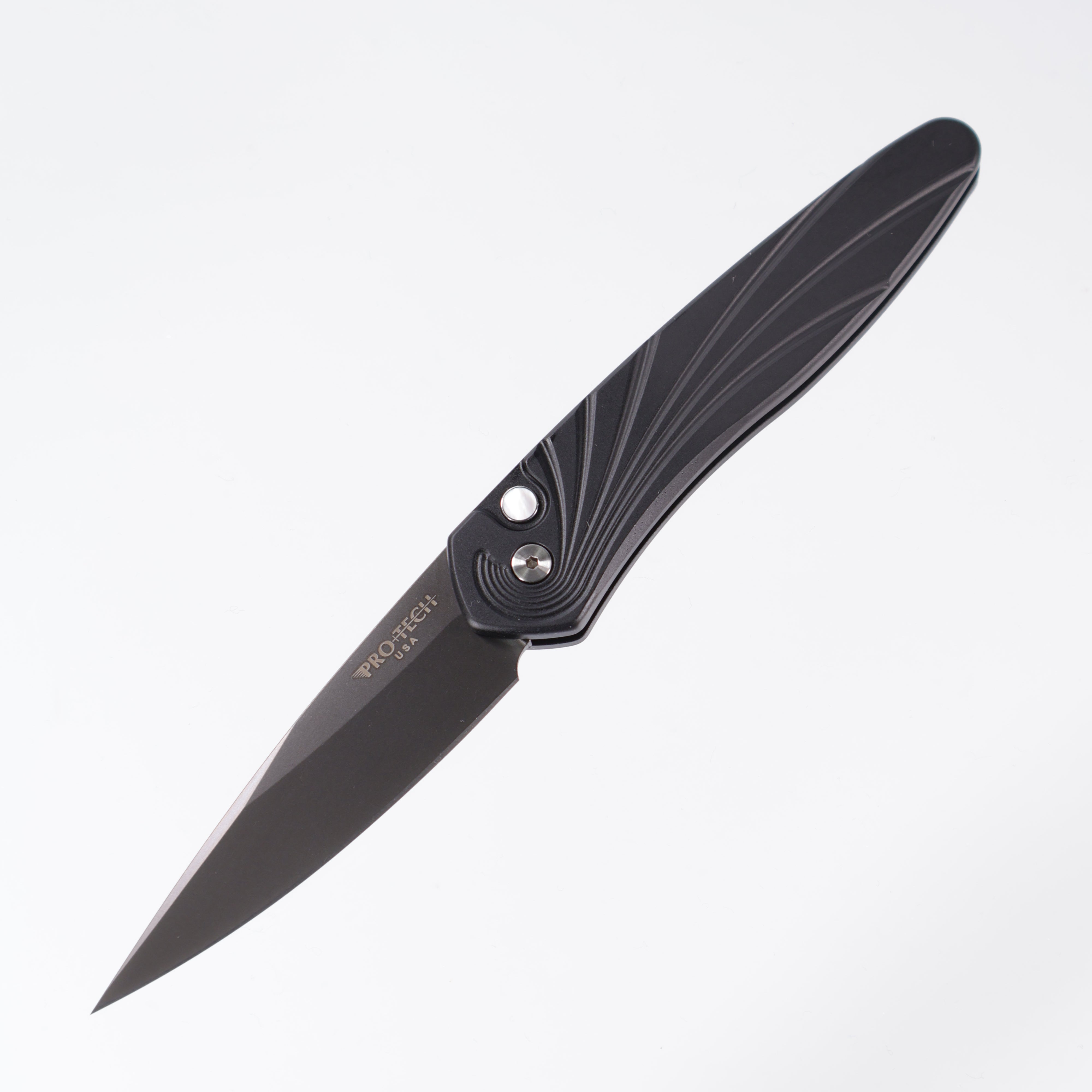 Protech Newport 3437-SG - Black Handle w/ 3D Wave milling & Mother Of Pearl button - Smokey Grey DLC S35VN