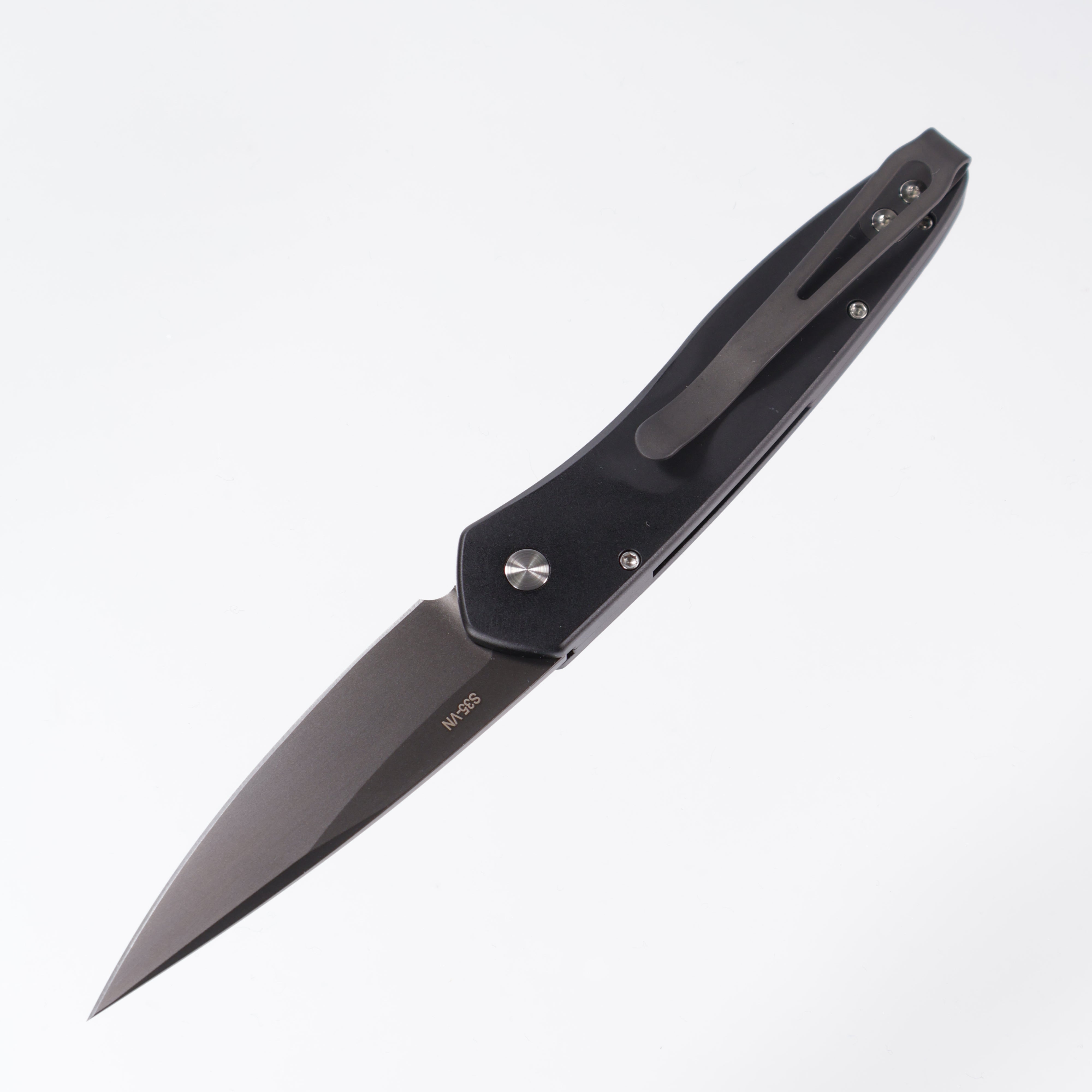 Protech Newport 3437-SG - Black Handle w/ 3D Wave milling & Mother Of Pearl button - Smokey Grey DLC S35VN